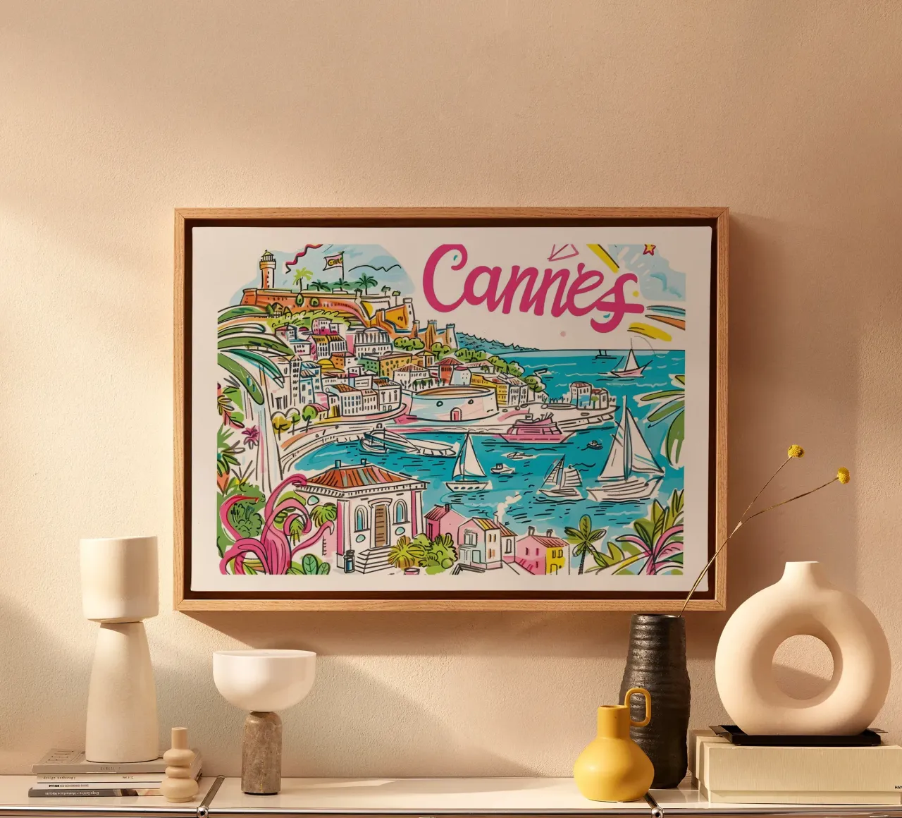 Cannes Frankrijk Kleurrijk Funky Reiskunstwerk canvas met Baklijst van homdeco