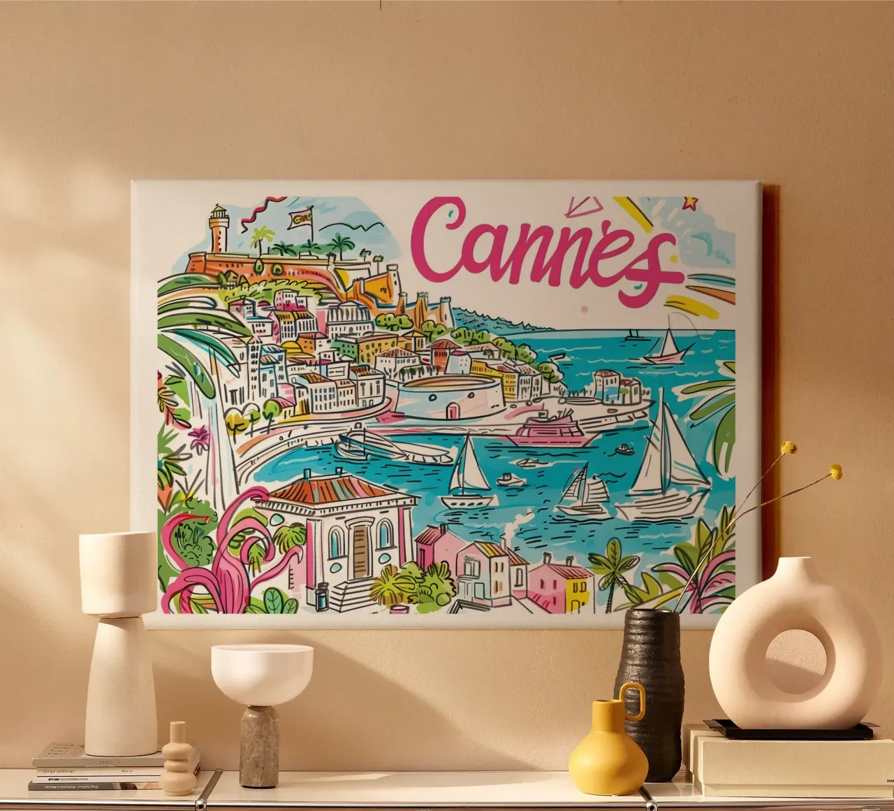 Cannes Frankrijk Kleurrijk Funky Reiskunstwerk canvas met Baklijst van homdeco
