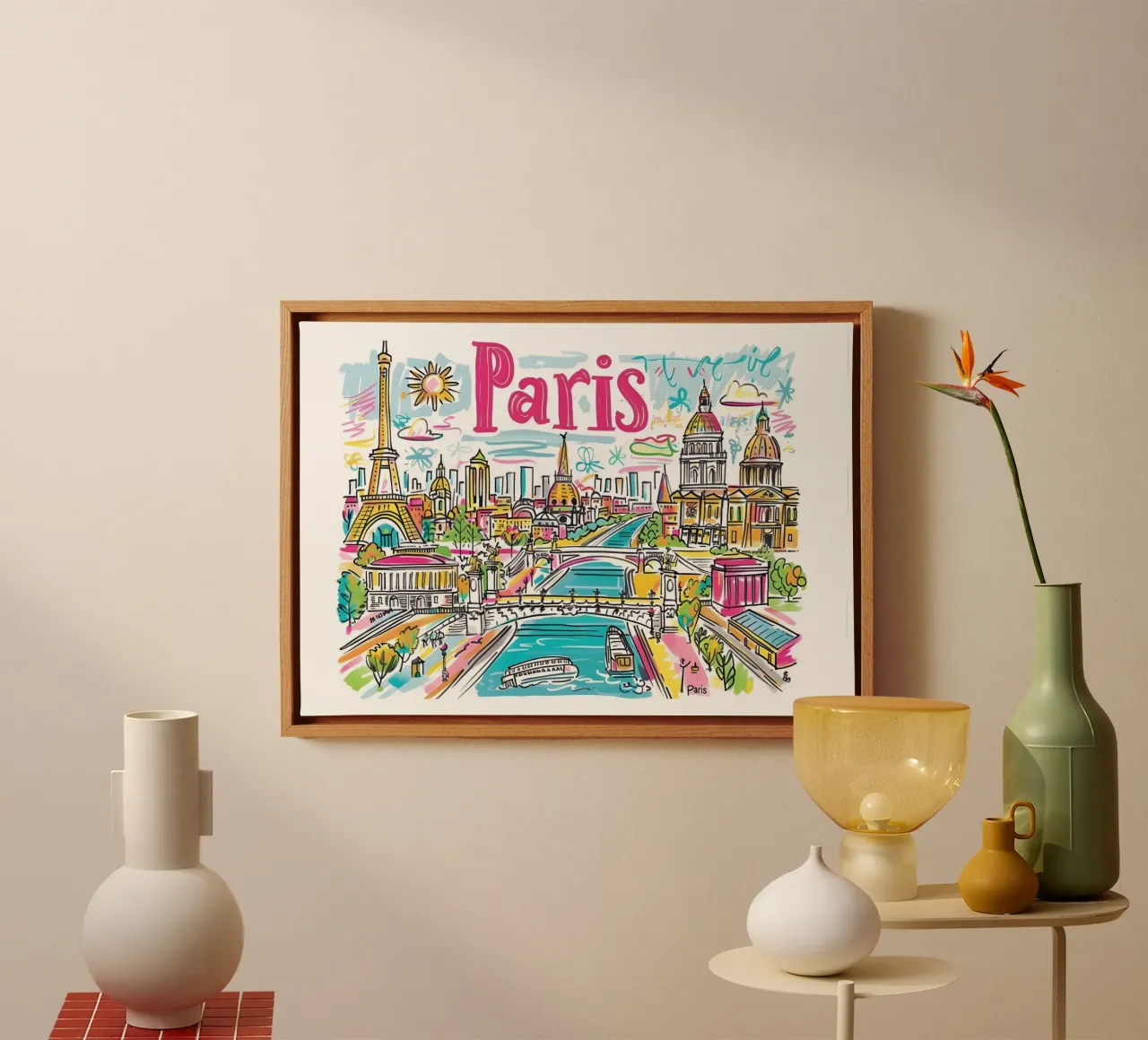Parijs Frankrijk Kleurrijke Funky Stadsposter canvas met Baklijst van homdeco