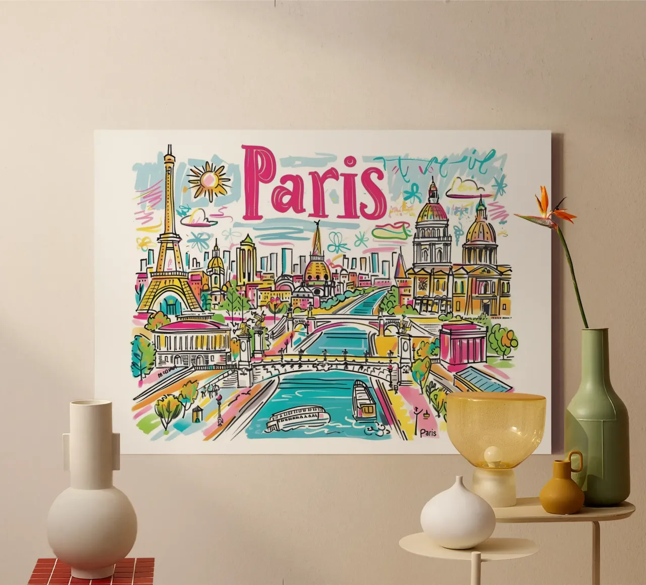 Parijs Frankrijk Kleurrijke Funky Stadsposter canvas met Baklijst van homdeco