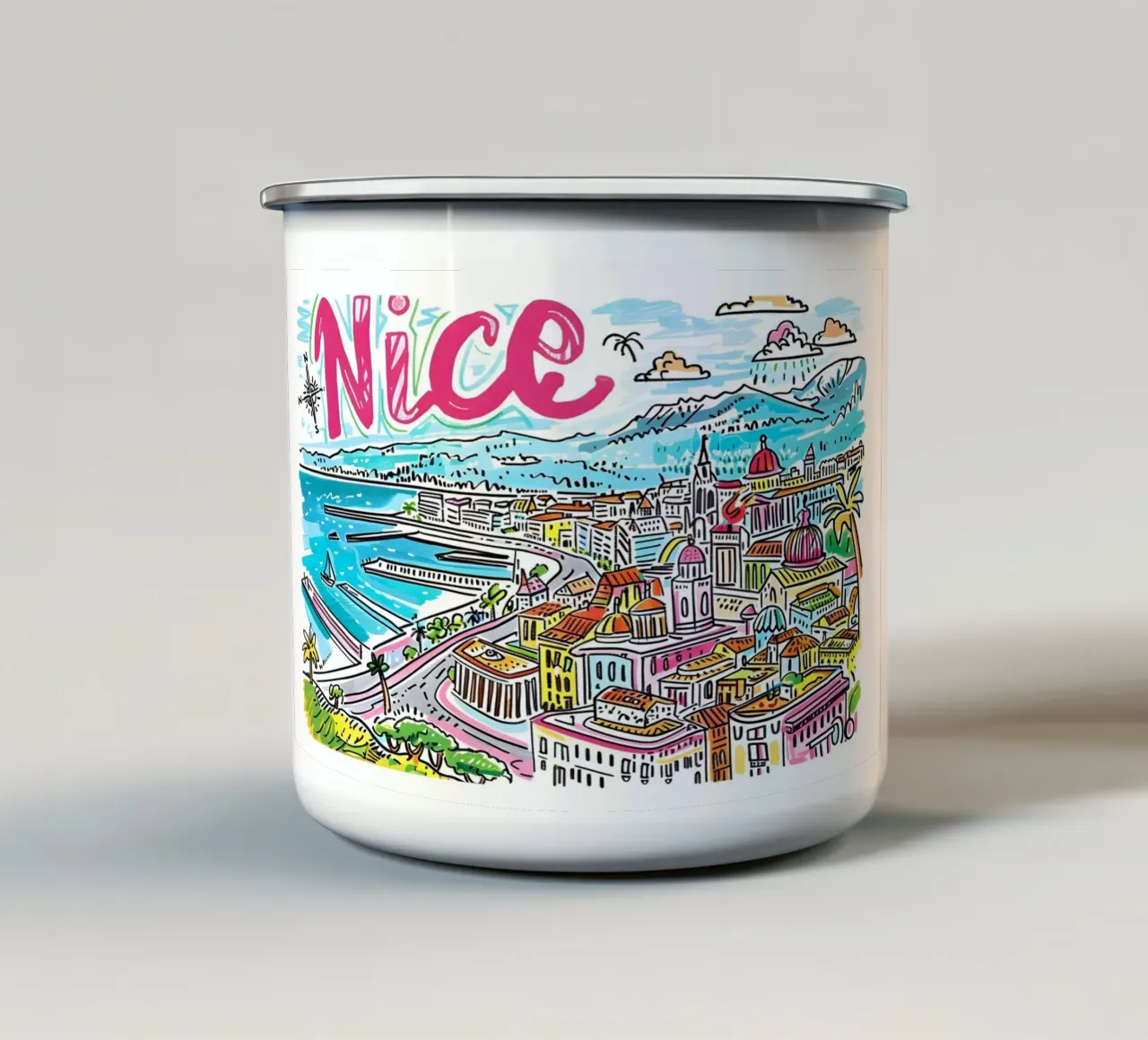 Nizza Francia Arte di viaggio colorata e divertente tazza in smalto da homdeco
