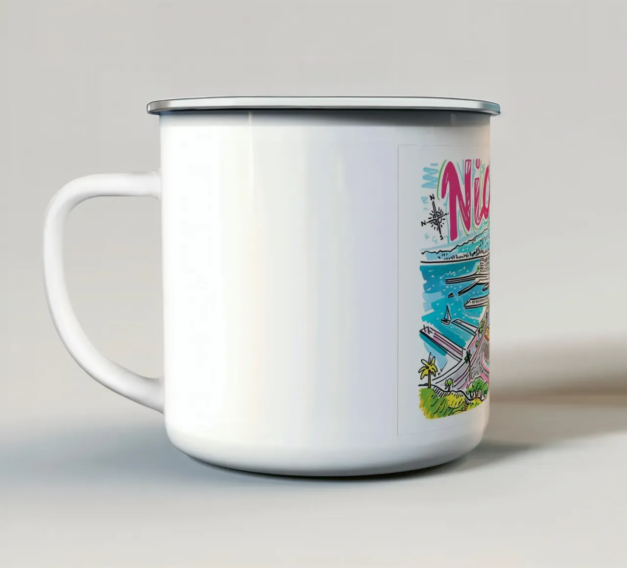 Nizza Francia Arte di viaggio colorata e divertente tazza in smalto da homdeco