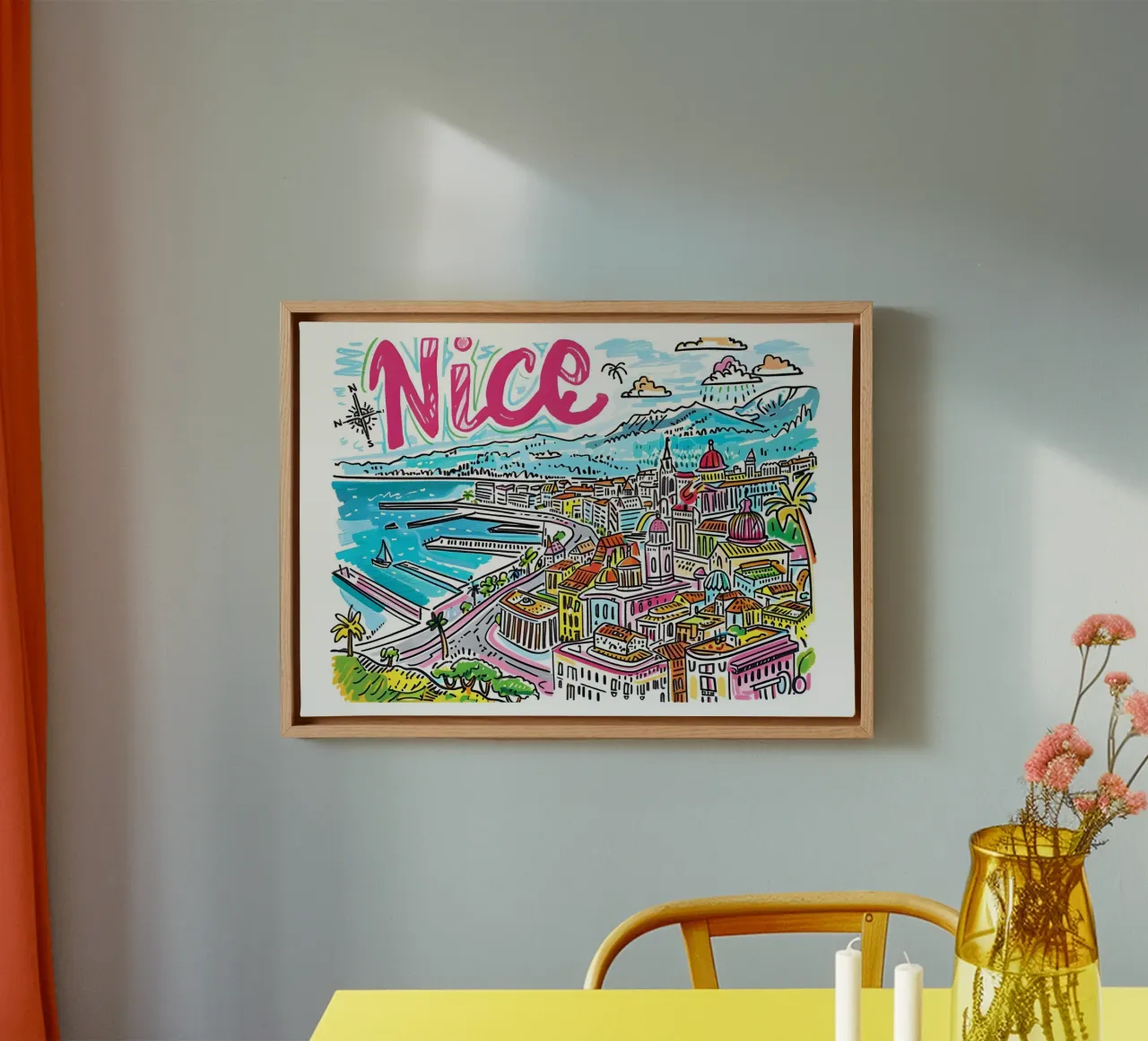 Nice Frankrijk Kleurrijk Funky Reiskunst canvas met Baklijst van homdeco