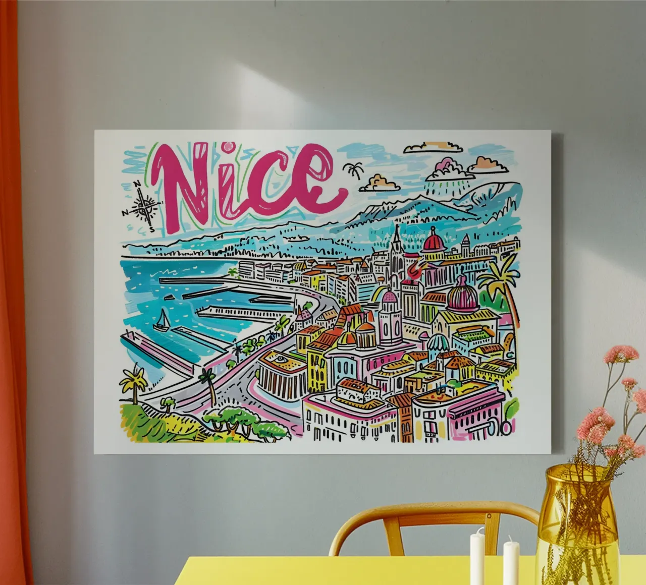 Nice Frankrijk Kleurrijk Funky Reiskunst canvas met Baklijst van homdeco