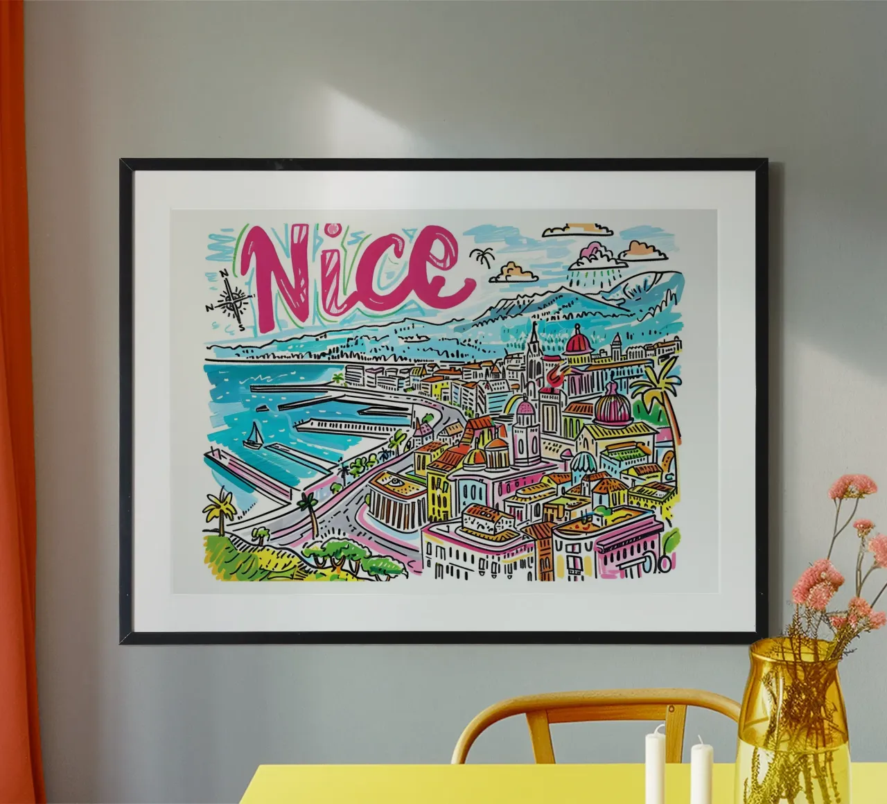 Nizza Francia Arte di viaggio colorata e divertente poster con telaio in legno da homdeco