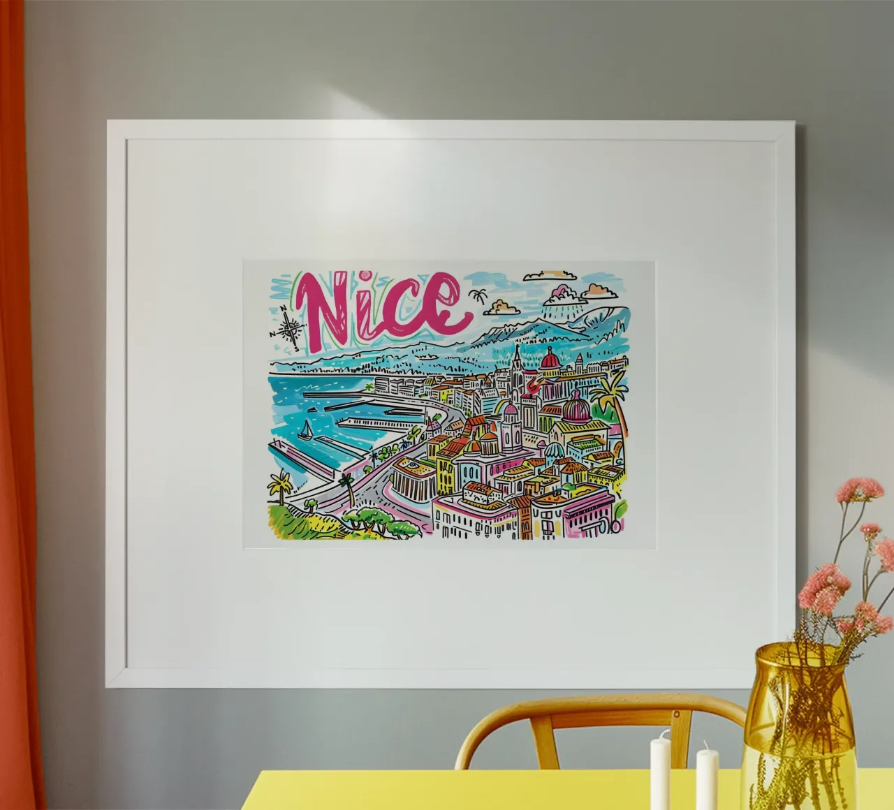 Nizza Francia Arte di viaggio colorata e divertente poster con telaio in legno da homdeco