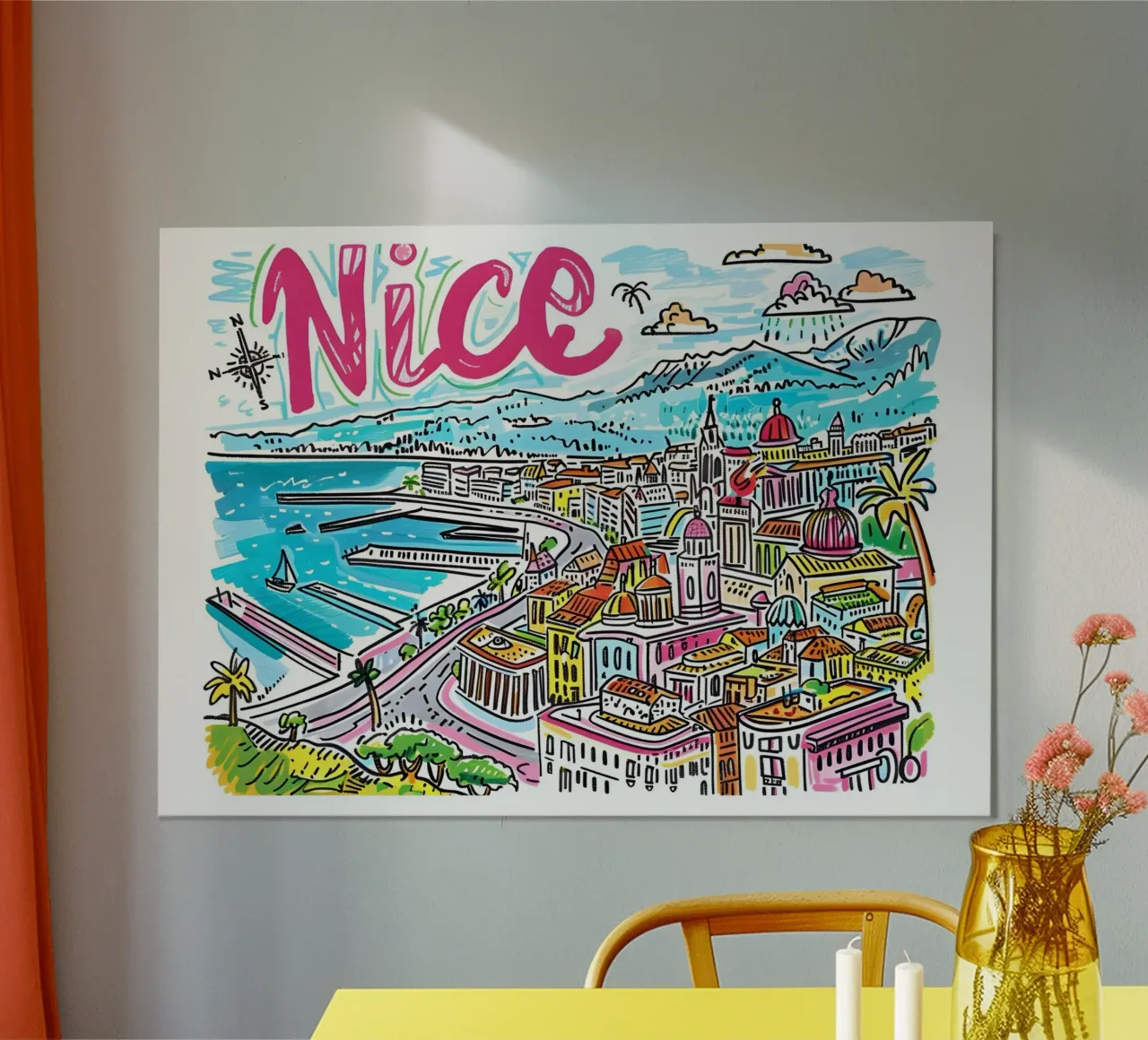 Nizza Francia Arte di viaggio colorata e divertente poster con telaio in legno da homdeco