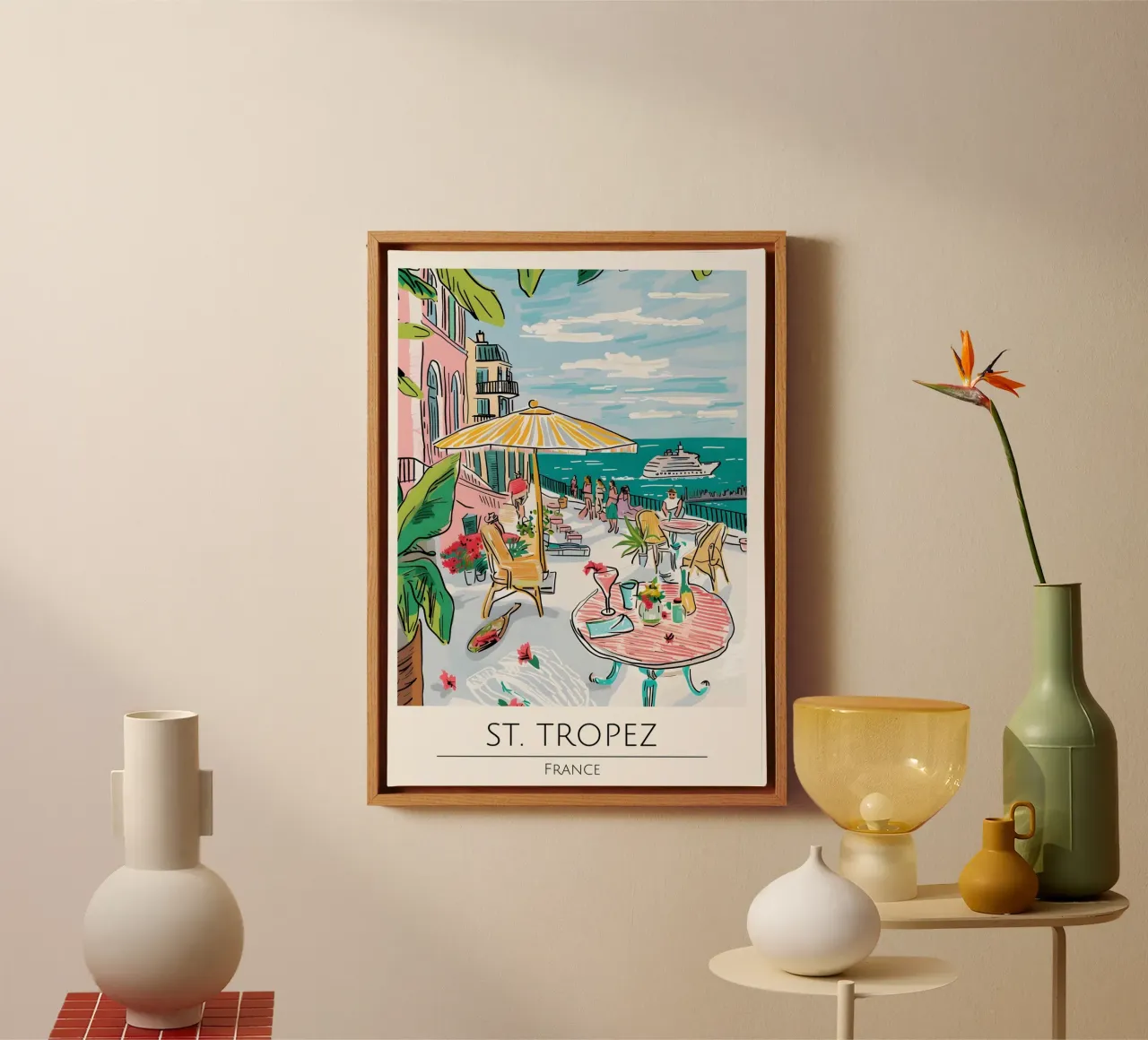 St Tropez Frankrijk Kleurrijk Kustterras Kunst canvas met Baklijst van homdeco