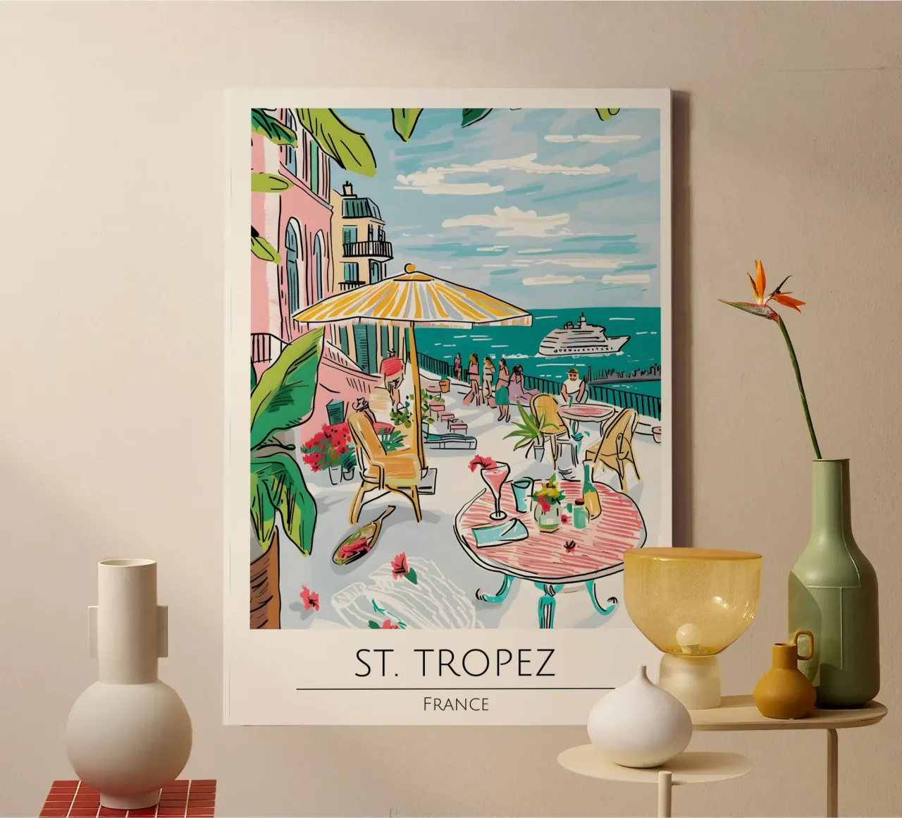 St Tropez Frankrijk Kleurrijk Kustterras Kunst canvas met Baklijst van homdeco
