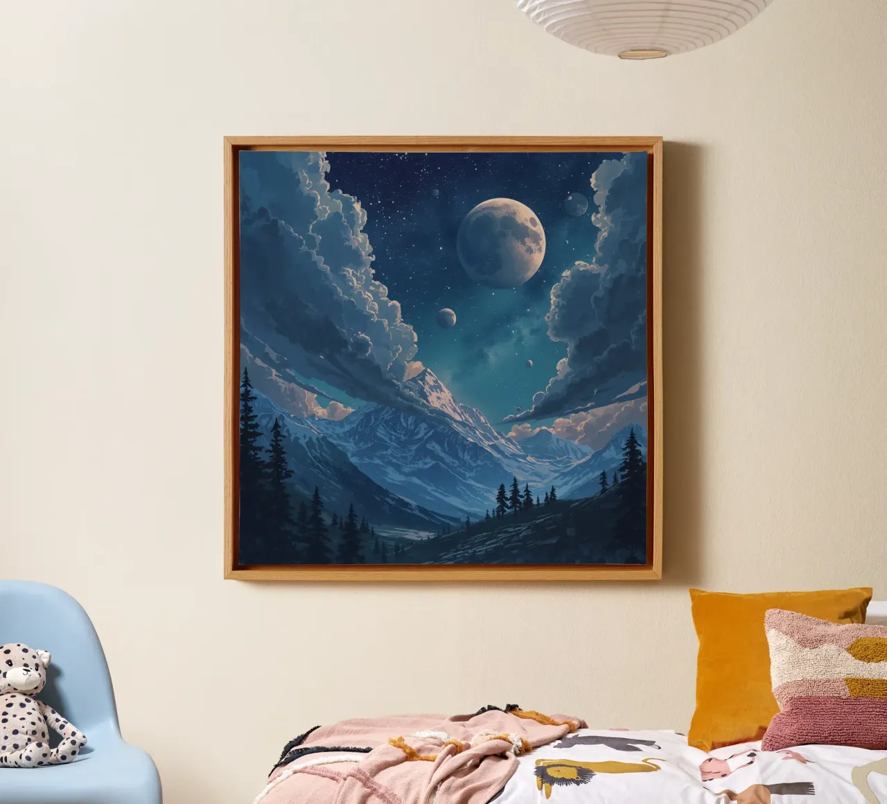 Mountains with Trees Under Moonlit Starry Sky canvas with Floater frame by DesignDoodle