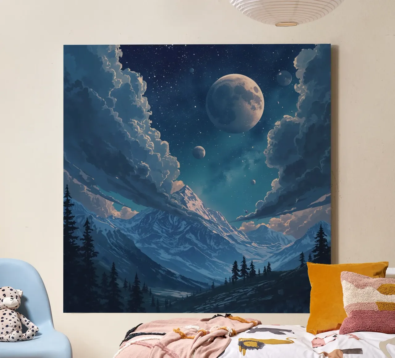 Mountains with Trees Under Moonlit Starry Sky canvas with Floater frame by DesignDoodle
