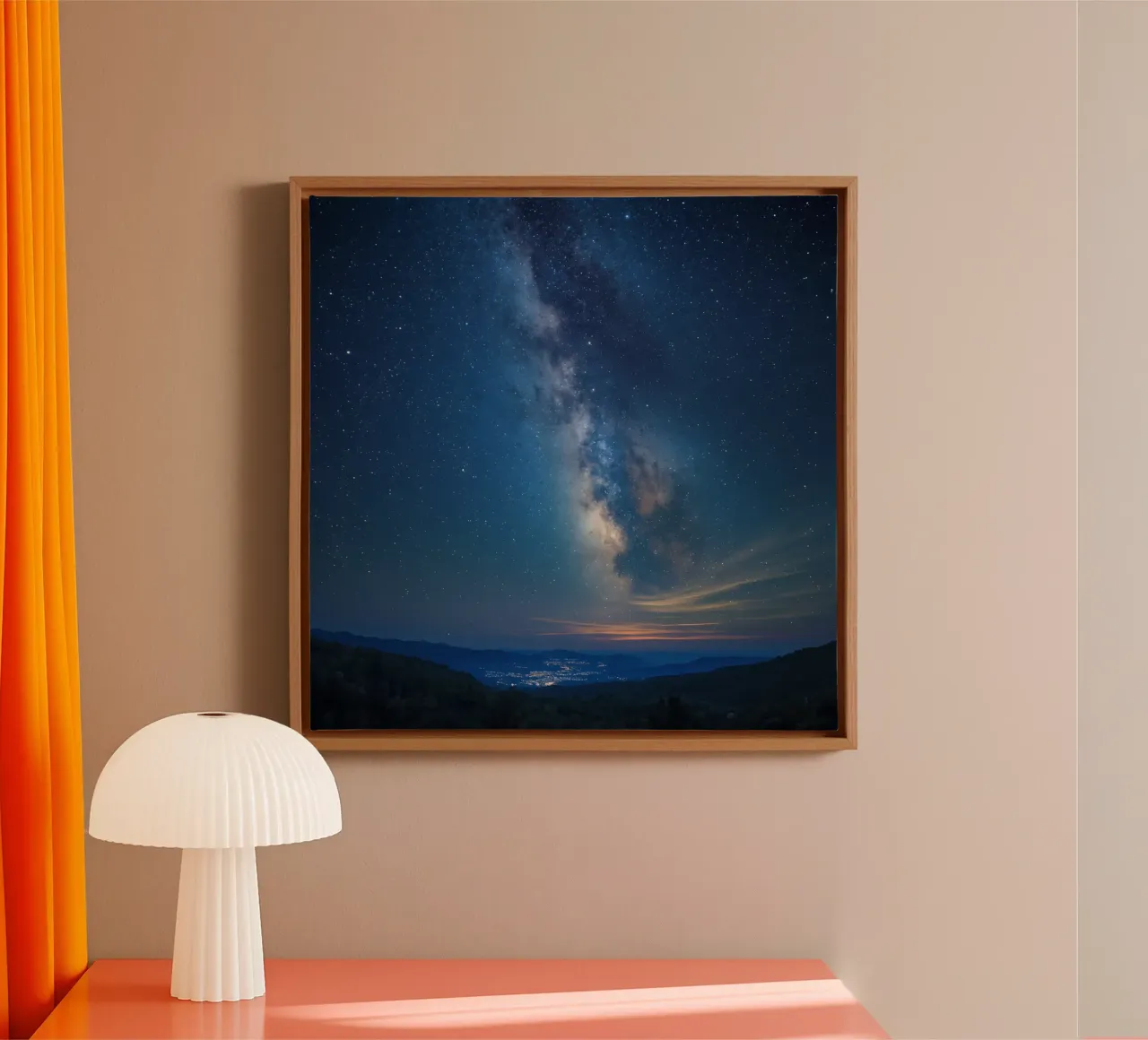 Milky Way over Mountain Range and City Lights canvas with Floater frame by DesignDoodle