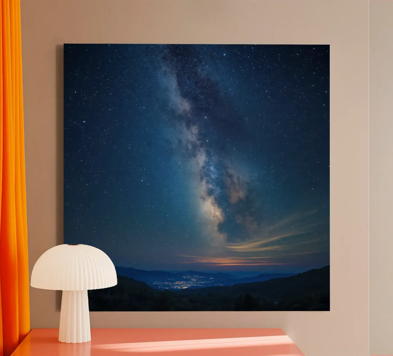 Milky Way over Mountain Range and City Lights canvas with Floater frame by DesignDoodle