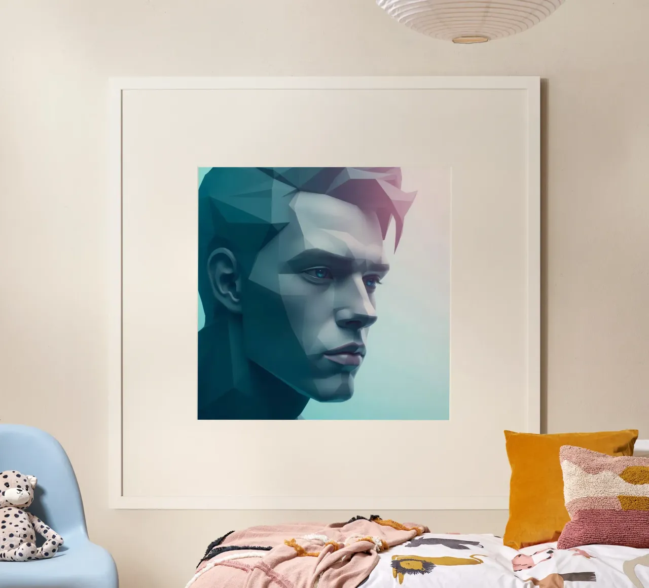 Illustrazione digitale della testa maschile a bassa polarità poster con telaio in plastica da DesignDoodle