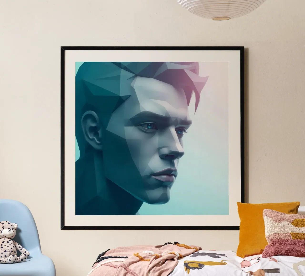 Illustrazione digitale della testa maschile a bassa polarità poster con telaio in plastica da DesignDoodle