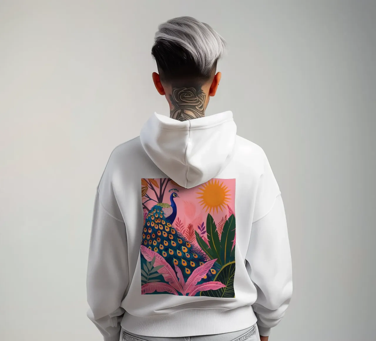 Sole di pavone boho nella giungla tropicale con foglie di palma rosa felpa con cappuccio da Gentle Echoes Art