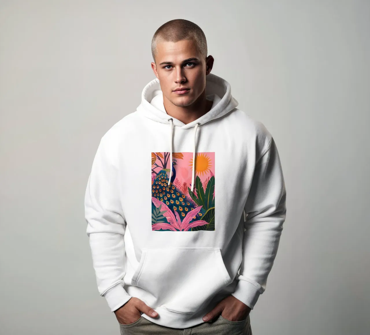 Sole di pavone boho nella giungla tropicale con foglie di palma rosa felpa con cappuccio da Gentle Echoes Art