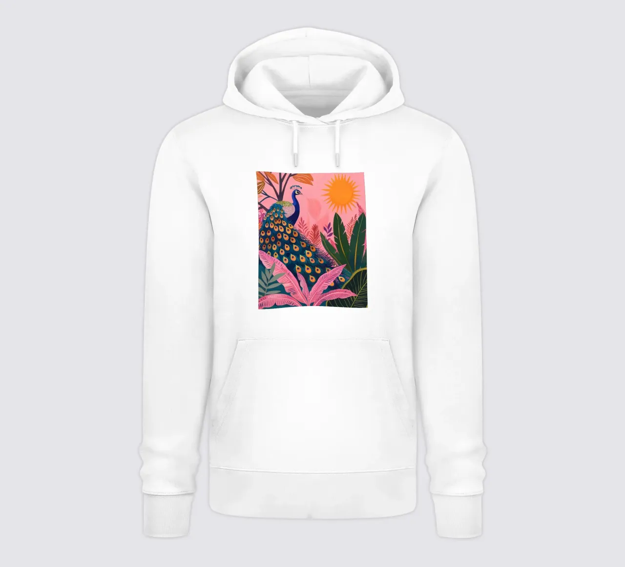 Sole di pavone boho nella giungla tropicale con foglie di palma rosa felpa con cappuccio da Gentle Echoes Art