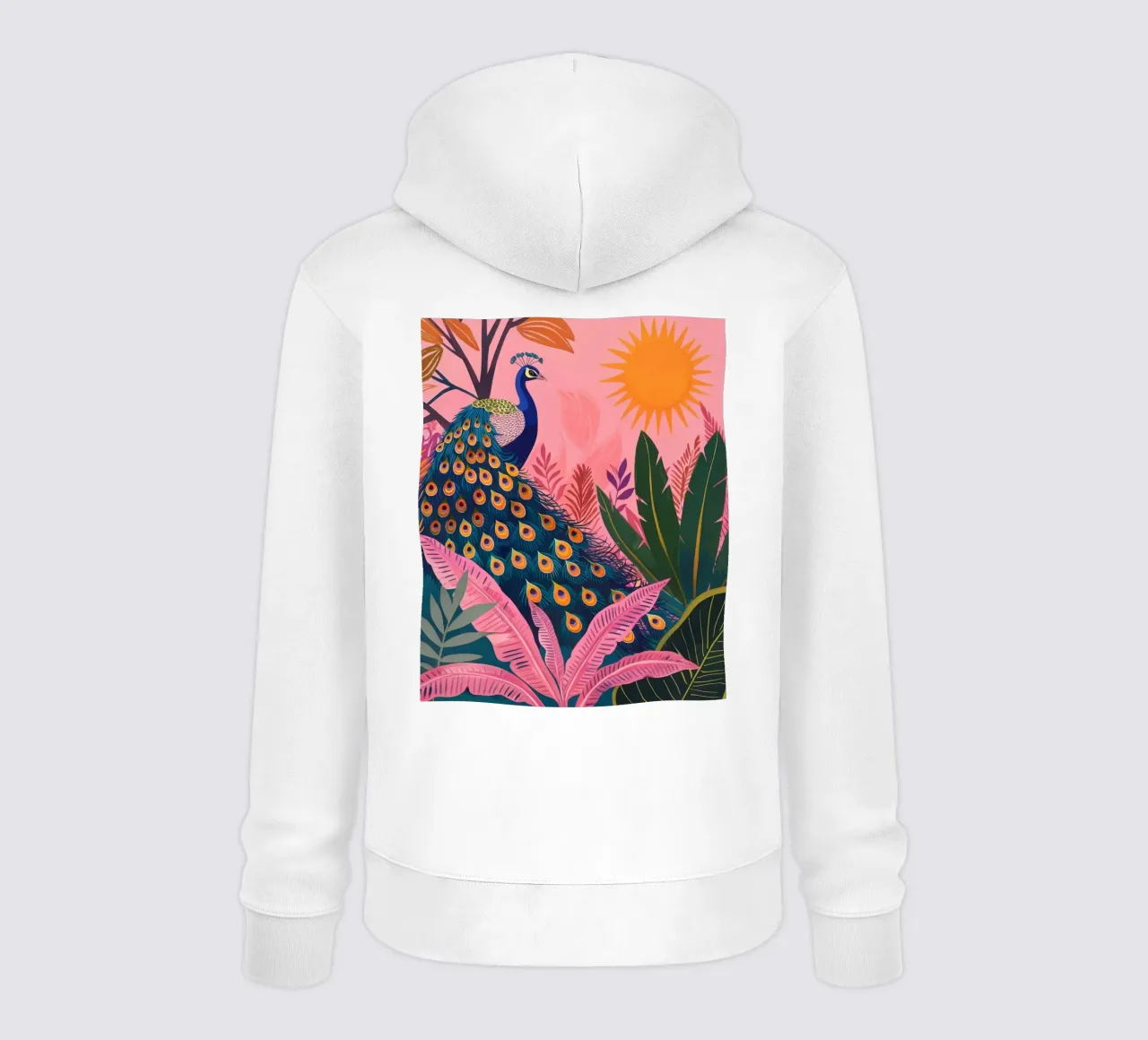 Sole di pavone boho nella giungla tropicale con foglie di palma rosa felpa con cappuccio da Gentle Echoes Art