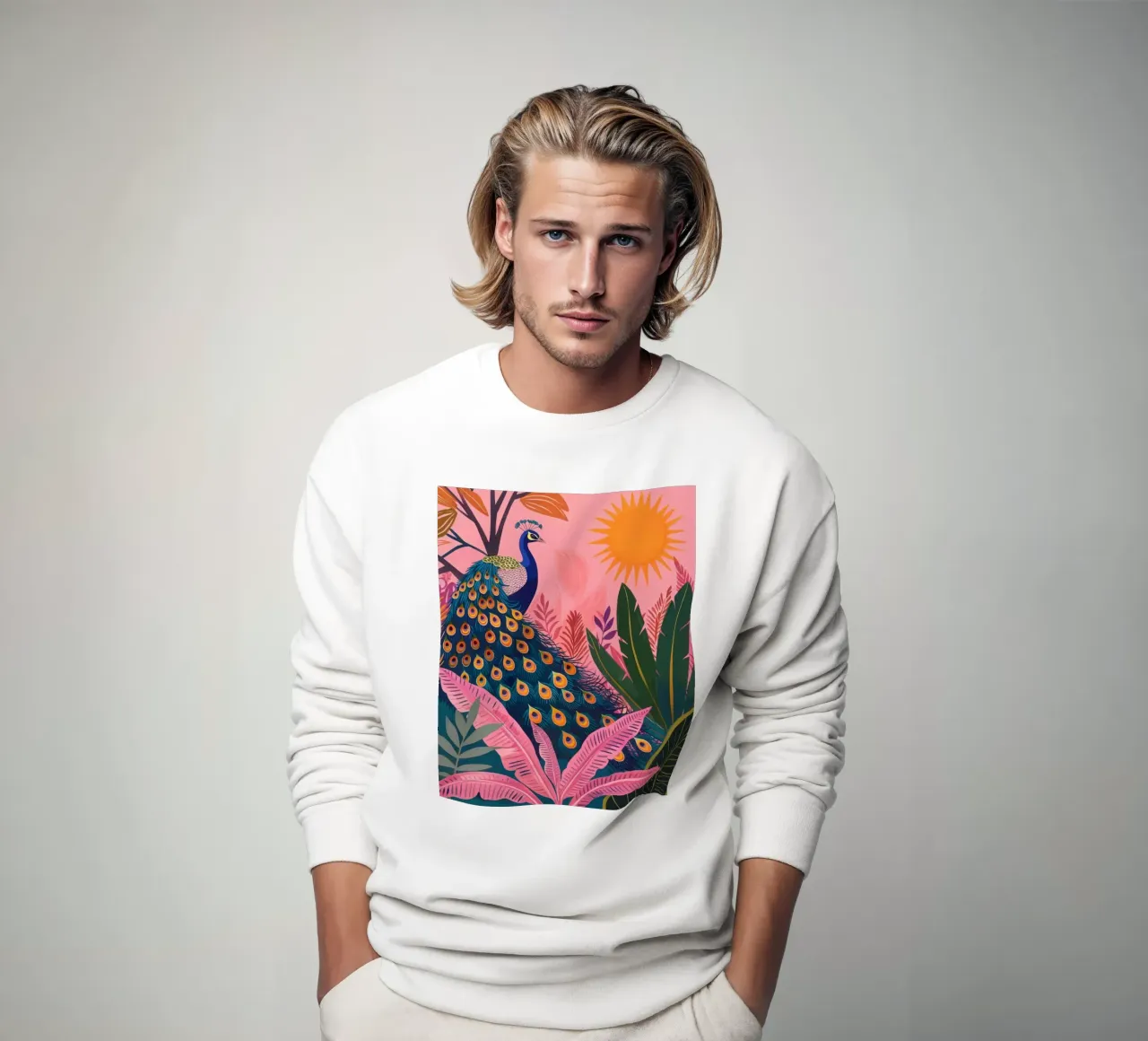 Sole di pavone boho nella giungla tropicale con foglie di palma rosa felpa da Gentle Echoes Art