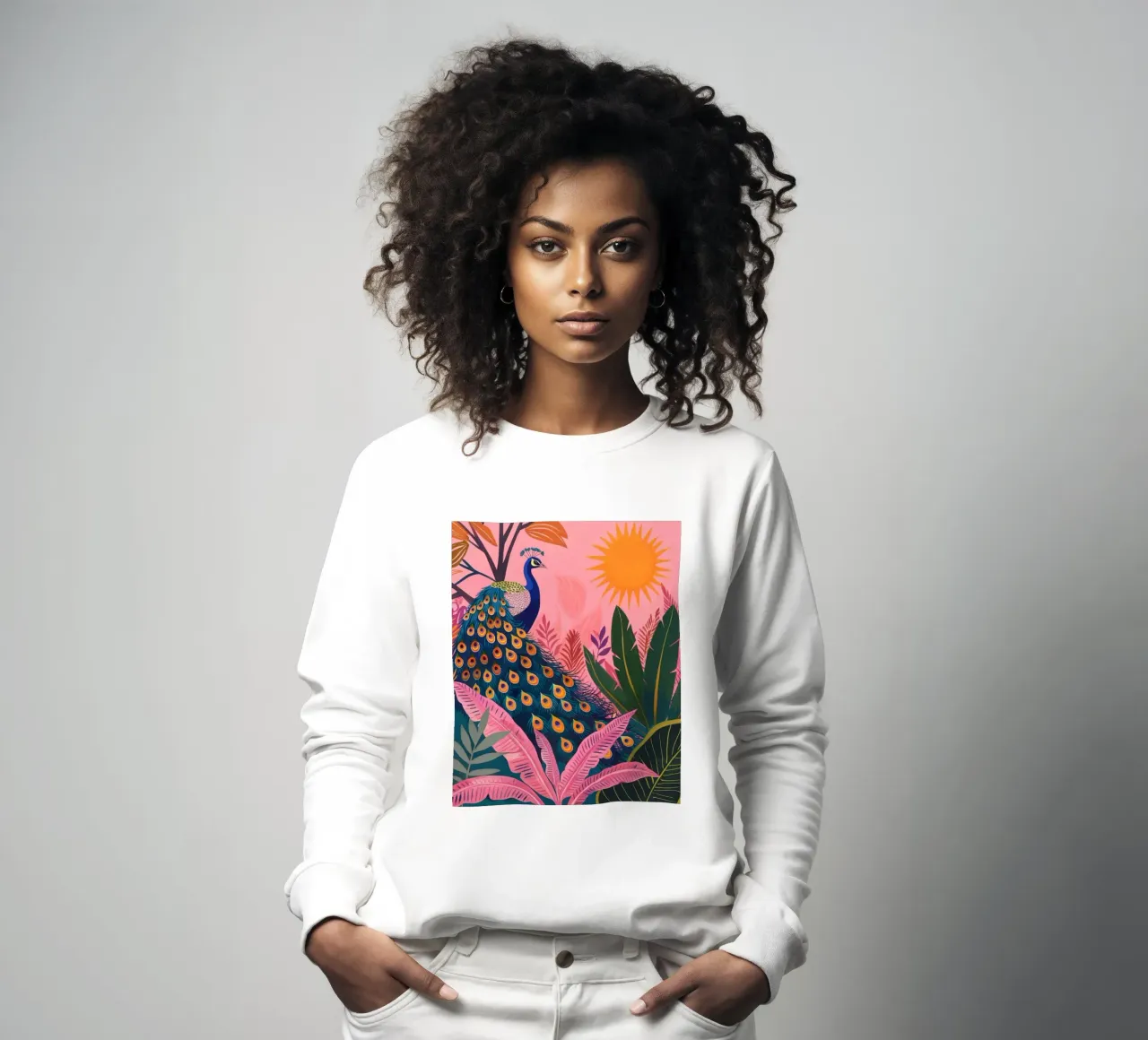 Sole di pavone boho nella giungla tropicale con foglie di palma rosa felpa da Gentle Echoes Art
