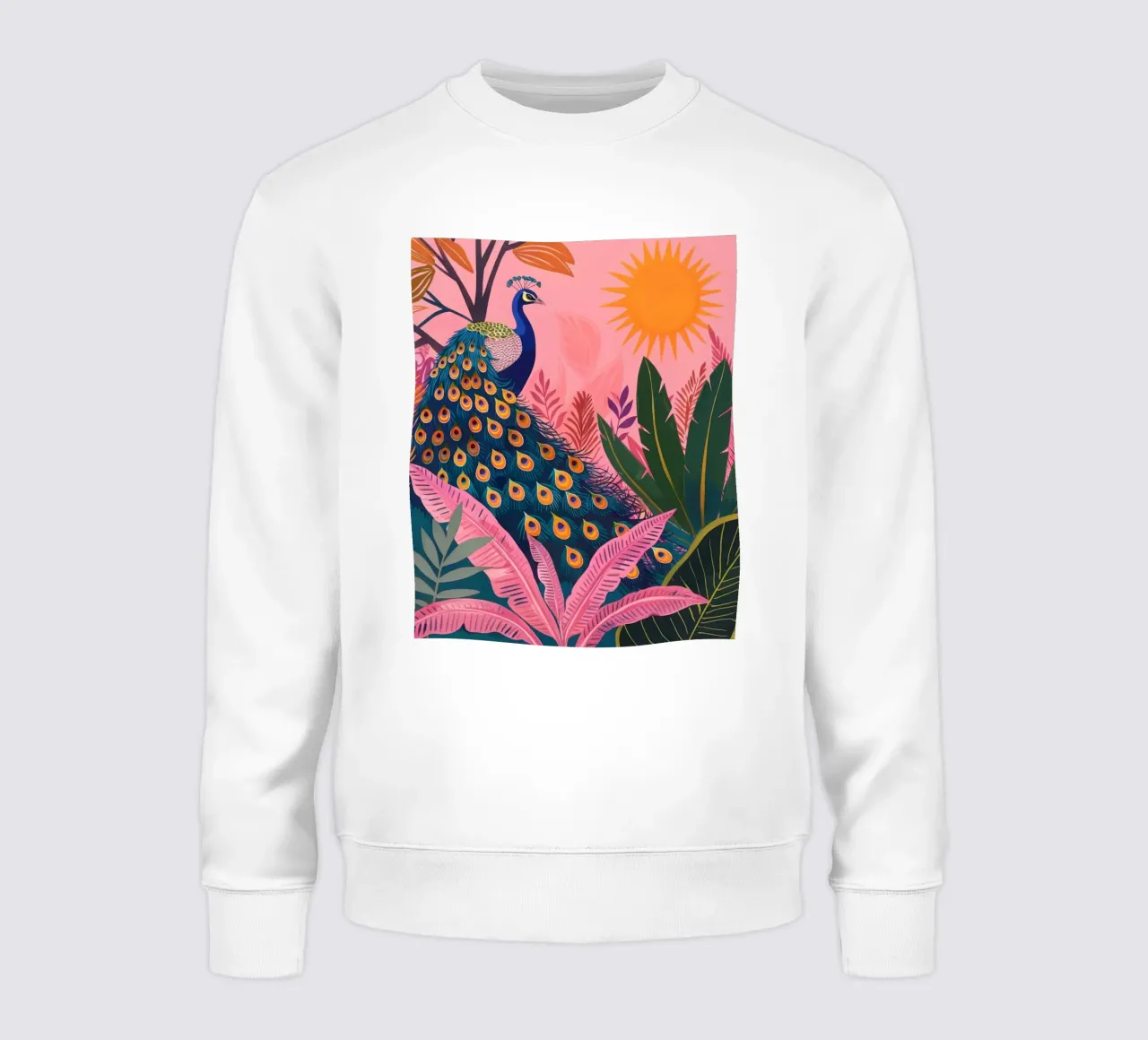 Sole di pavone boho nella giungla tropicale con foglie di palma rosa felpa da Gentle Echoes Art