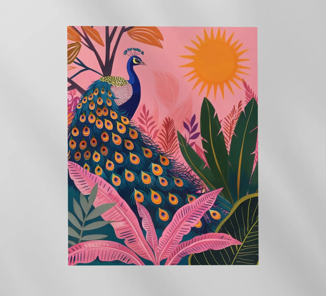 Sole di pavone boho nella giungla tropicale con foglie di palma rosa pellicola backlit da Gentle Echoes Art