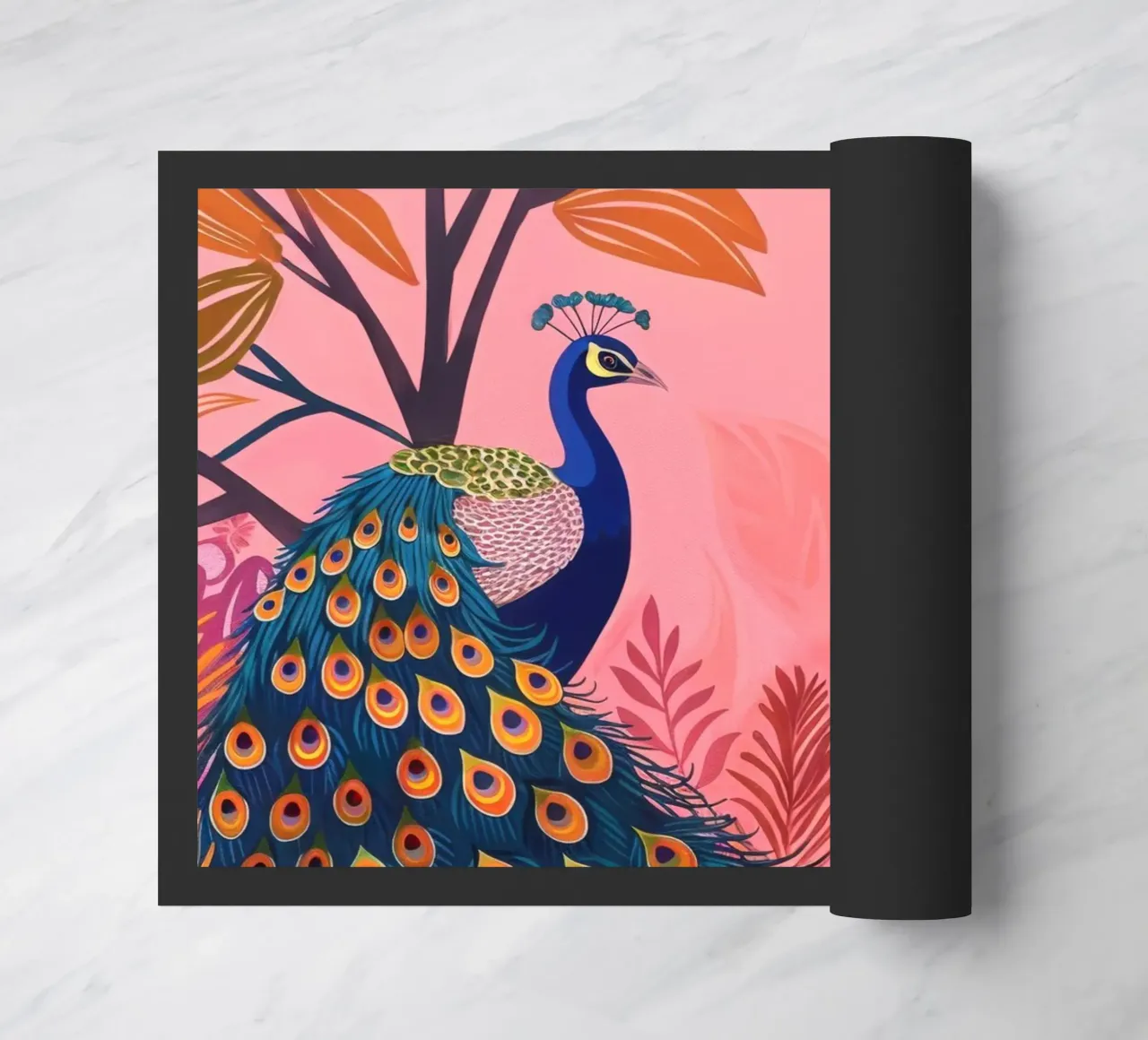 Sole di pavone boho nella giungla tropicale con foglie di palma rosa zerbino da Gentle Echoes Art