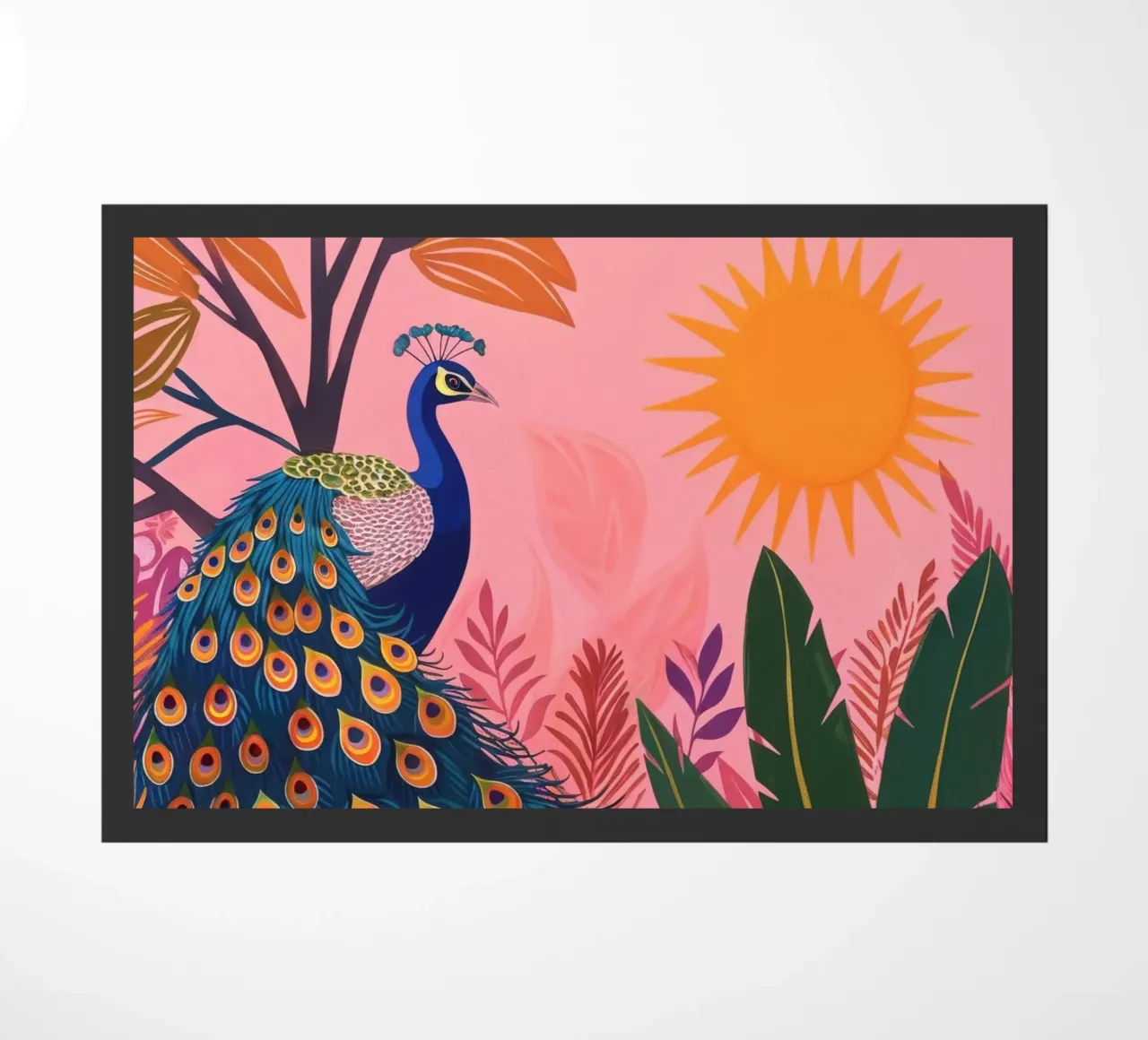 Sole di pavone boho nella giungla tropicale con foglie di palma rosa zerbino da Gentle Echoes Art