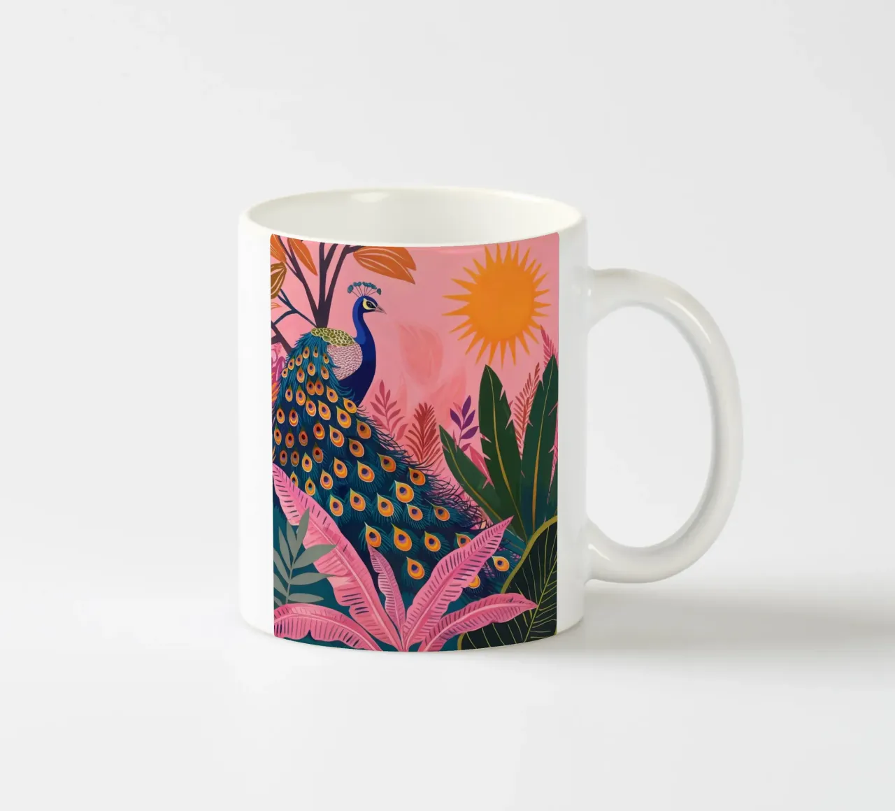 Sole di pavone boho nella giungla tropicale con foglie di palma rosa tazza in ceramica da Gentle Echoes Art