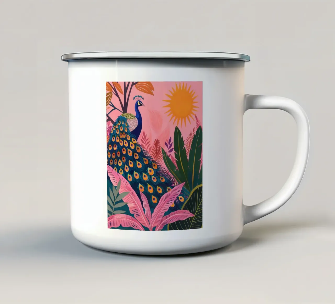 Sole di pavone boho nella giungla tropicale con foglie di palma rosa tazza in smalto da Gentle Echoes Art
