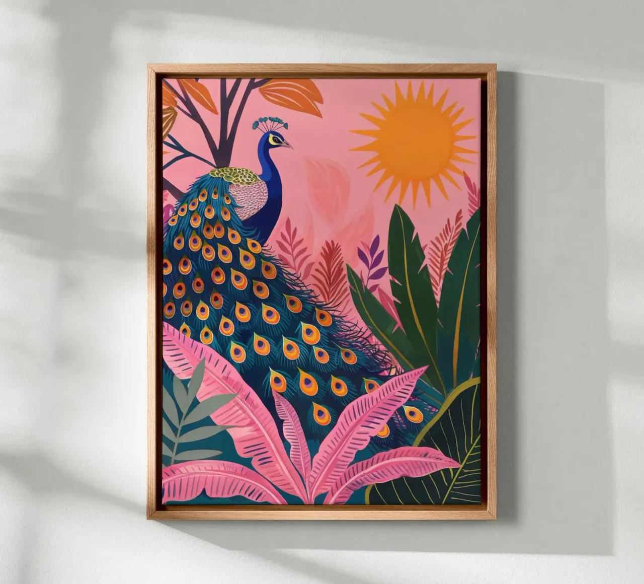 Sole di pavone boho nella giungla tropicale con foglie di palma rosa tela con Cornice a cassetta da Gentle Echoes Art