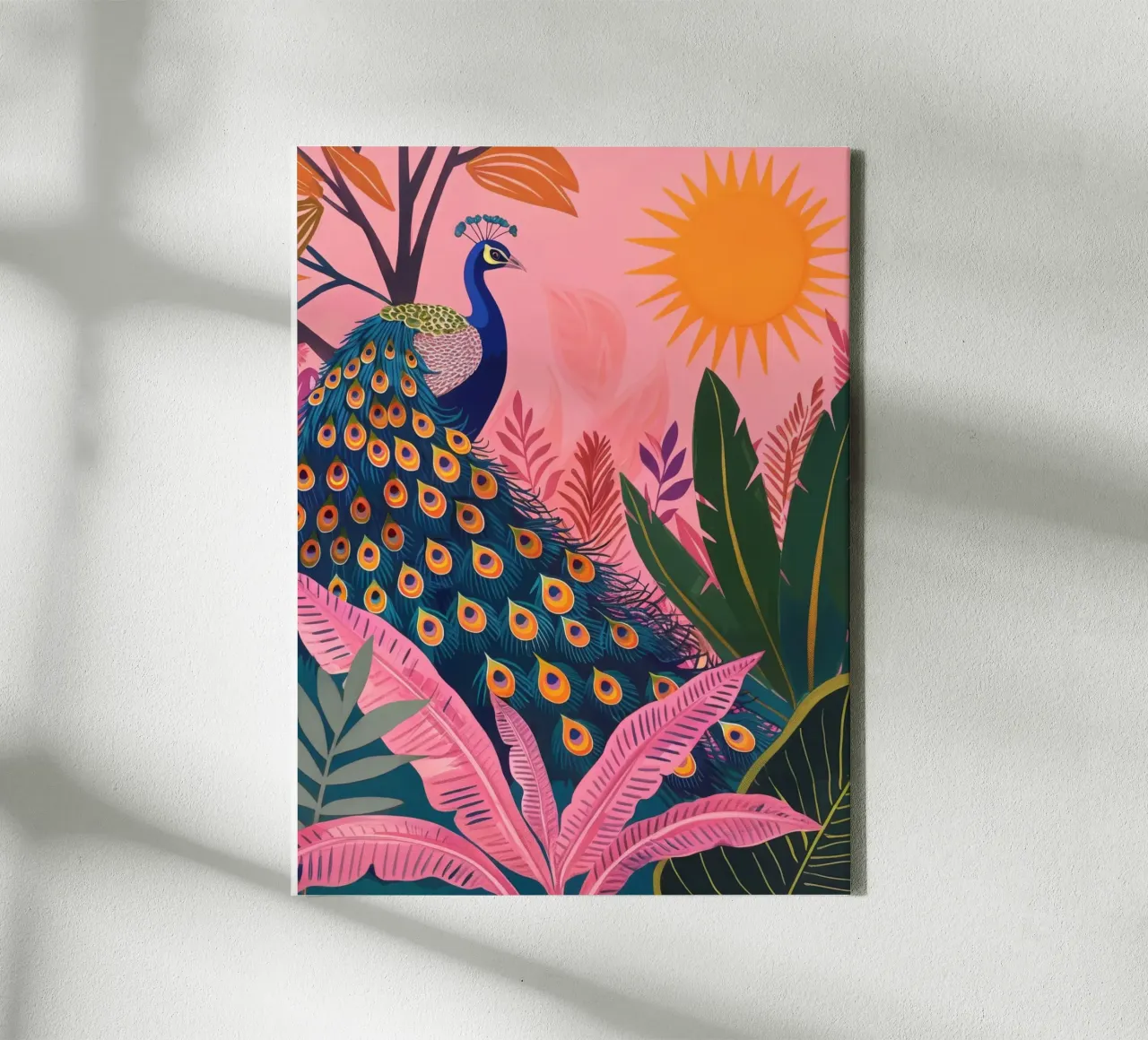 Sole di pavone boho nella giungla tropicale con foglie di palma rosa tela con Cornice a cassetta da Gentle Echoes Art