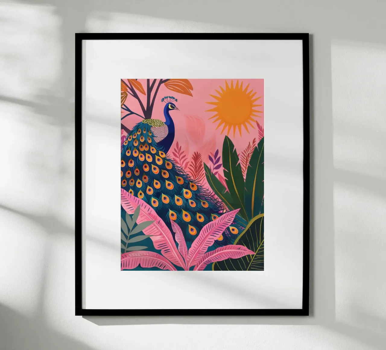 Sole di pavone boho nella giungla tropicale con foglie di palma rosa poster con telaio in plastica da Gentle Echoes Art