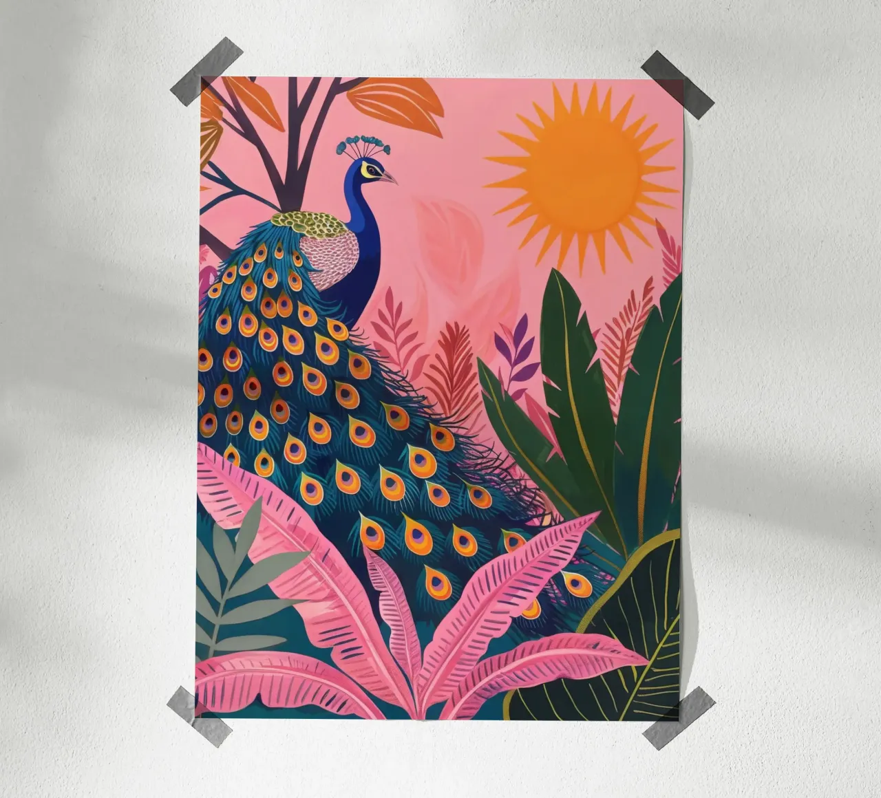 Sole di pavone boho nella giungla tropicale con foglie di palma rosa poster con telaio in alluminio da Gentle Echoes Art