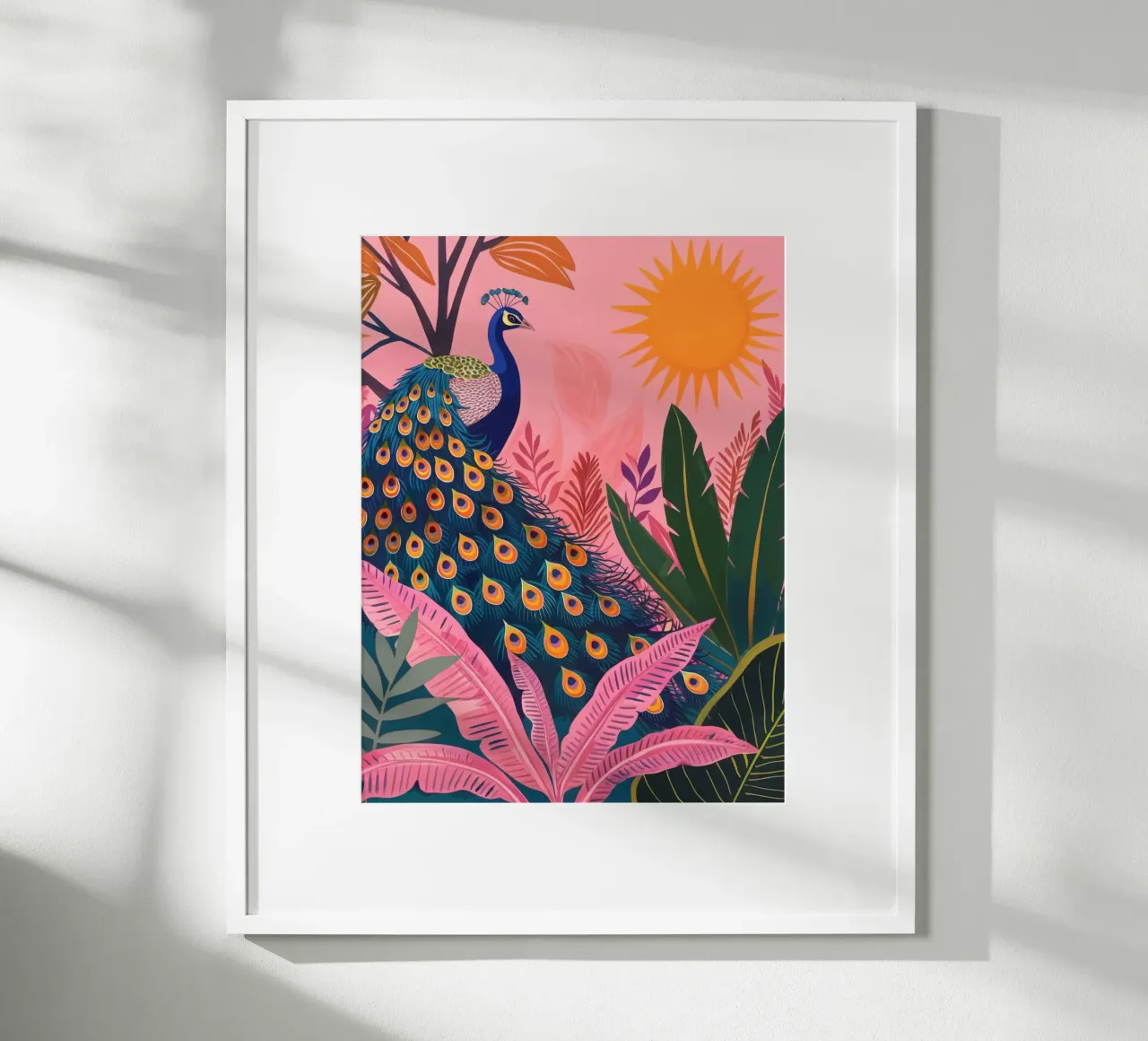 Sole di pavone boho nella giungla tropicale con foglie di palma rosa poster con telaio in plastica da Gentle Echoes Art