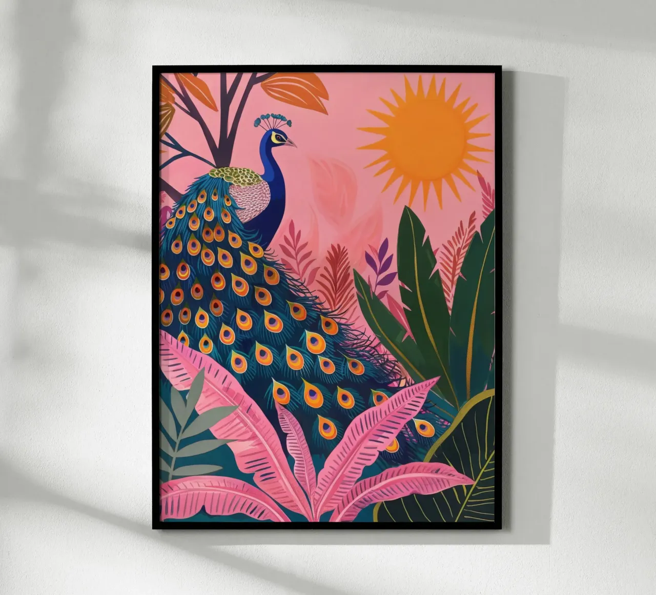 Sole di pavone boho nella giungla tropicale con foglie di palma rosa poster con telaio in plastica da Gentle Echoes Art