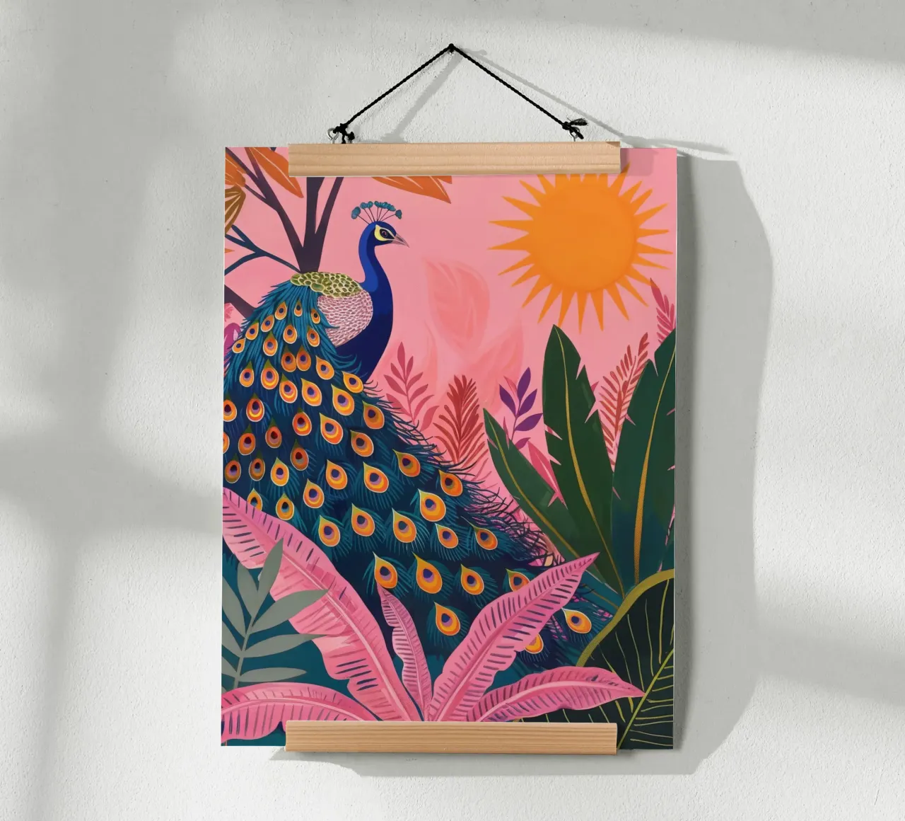Sole di pavone boho nella giungla tropicale con foglie di palma rosa poster con telaio in plastica da Gentle Echoes Art