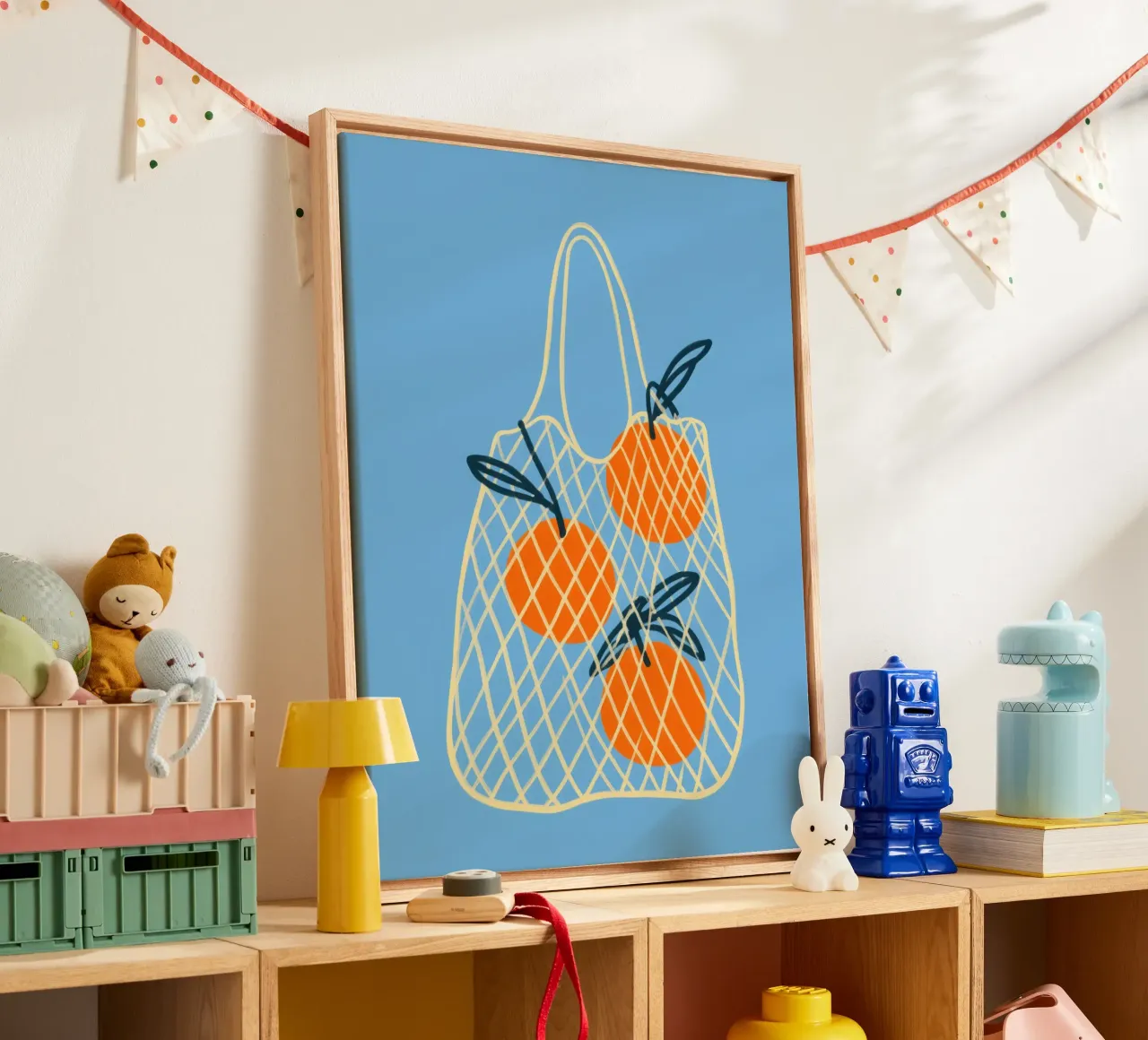 3 Oranges in the net | Summery lightness for the kitchen canvas with Floater frame by Autofocus