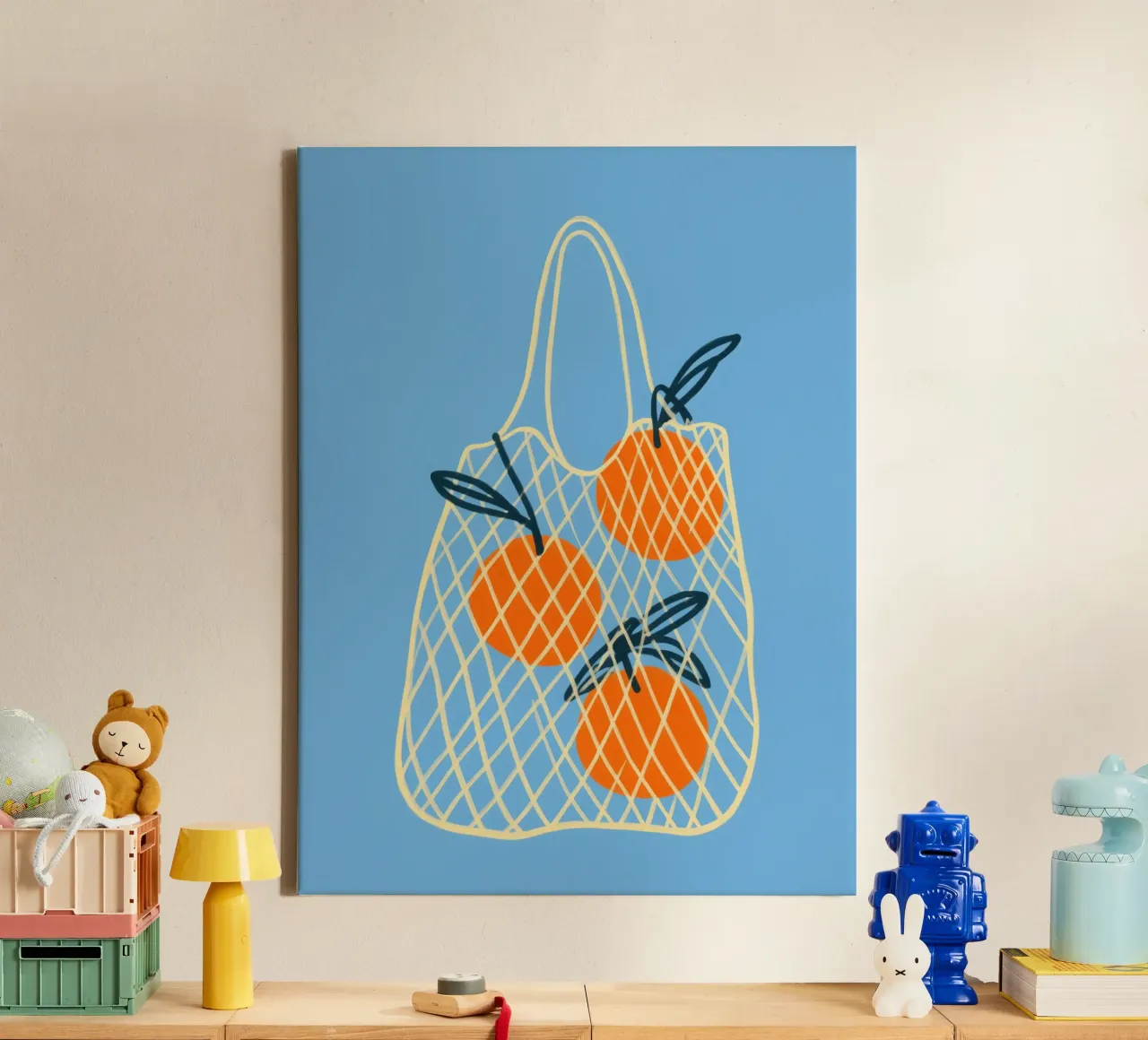 3 Oranges in the net | Summery lightness for the kitchen canvas with Floater frame by Autofocus