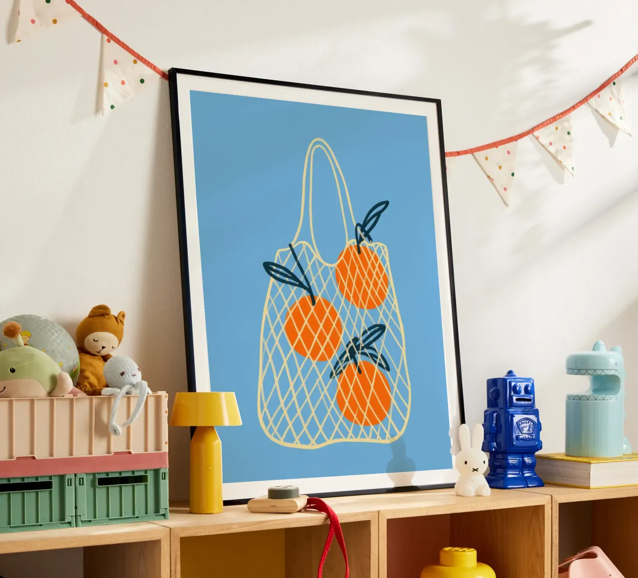 3 Oranges in the net | Summery lightness for the kitchen poster with plastic frame by Autofocus