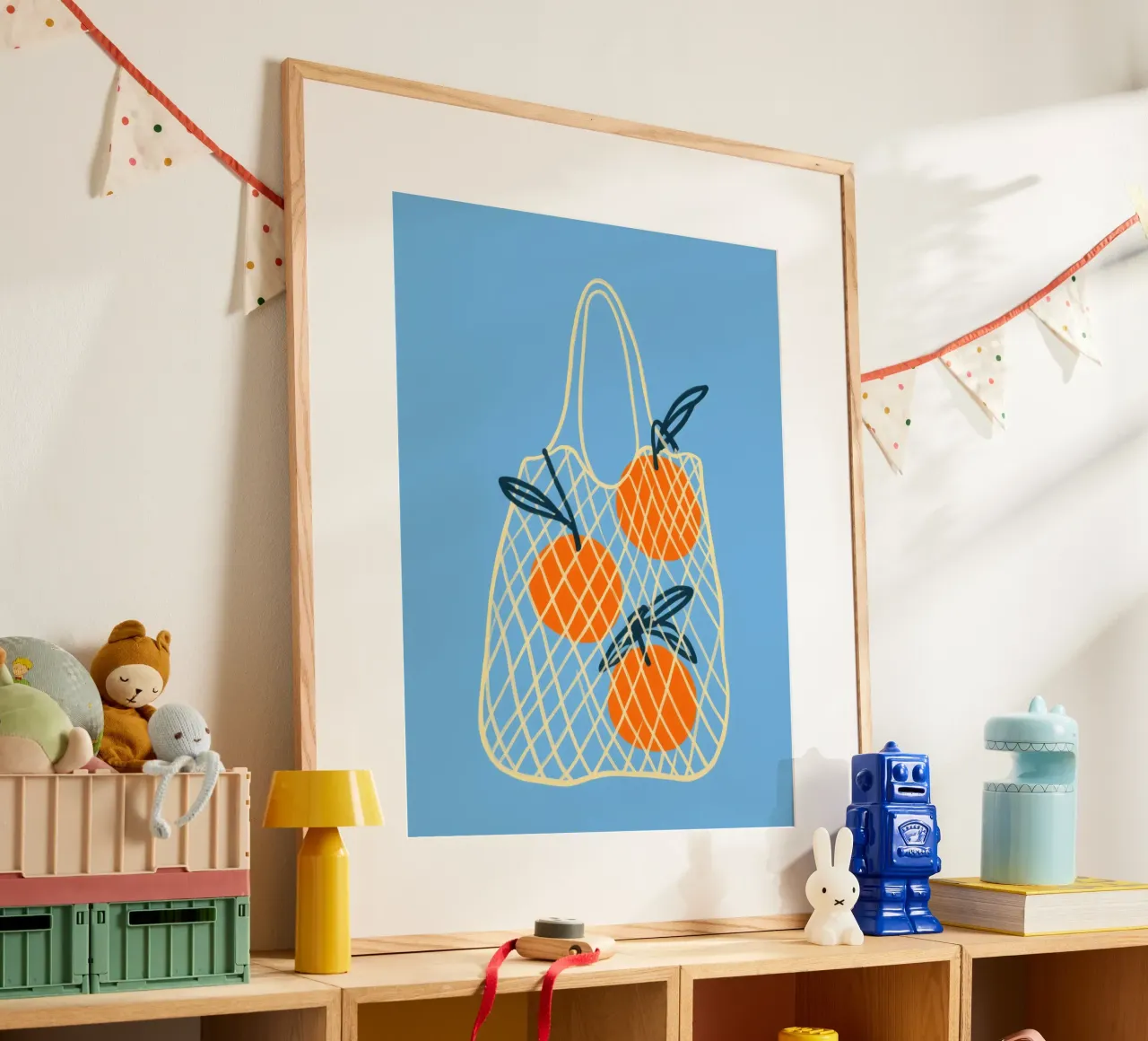 3 Oranges in the net | Summery lightness for the kitchen poster with plastic frame by Autofocus