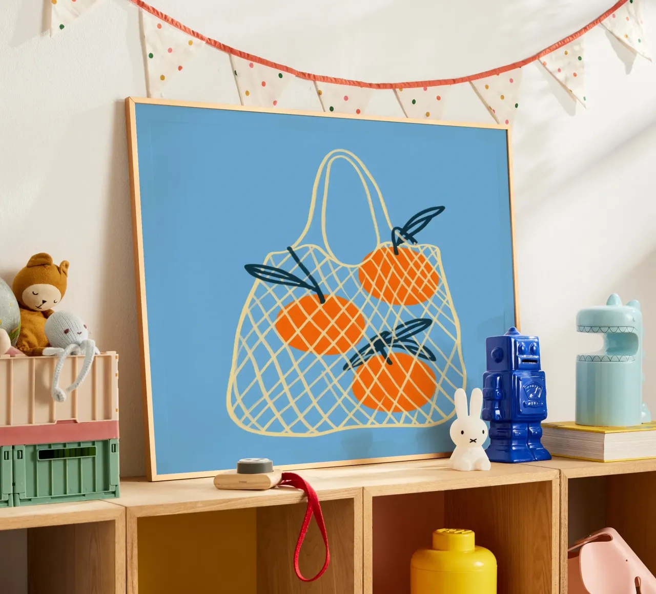 3 Oranges in the net | Summery lightness for the kitchen poster with plastic frame by Autofocus