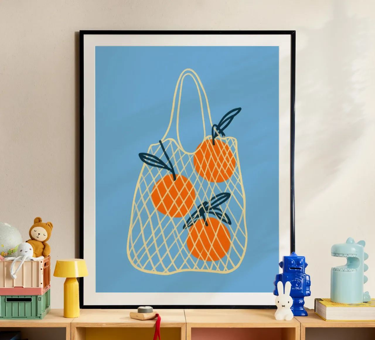 3 Oranges in the net | Summery lightness for the kitchen poster with plastic frame by Autofocus