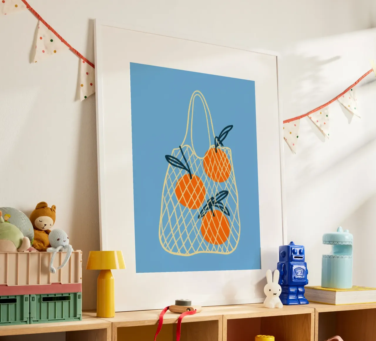 3 Oranges in the net | Summery lightness for the kitchen poster with plastic frame by Autofocus