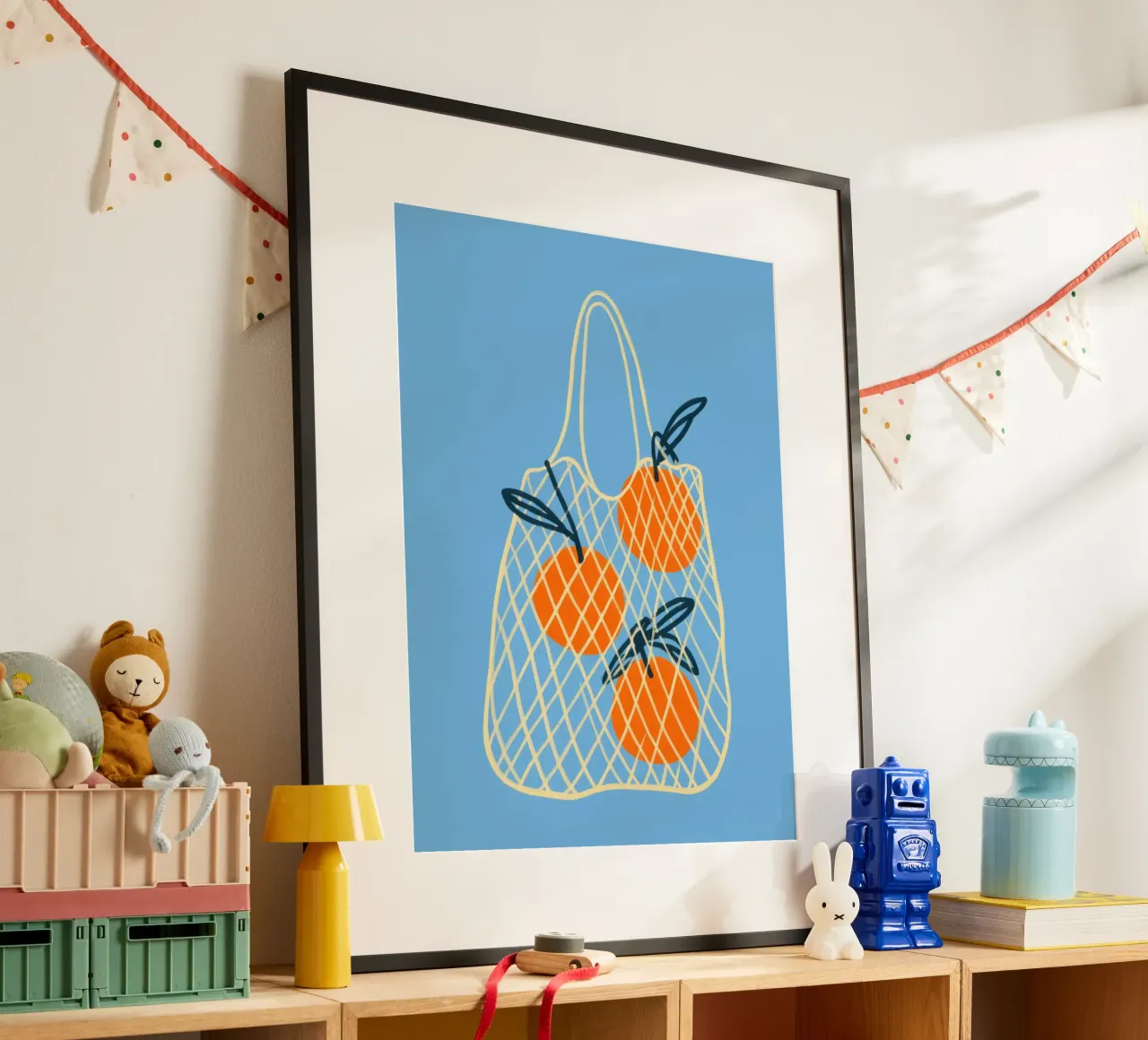 3 Oranges in the net | Summery lightness for the kitchen poster with plastic frame by Autofocus
