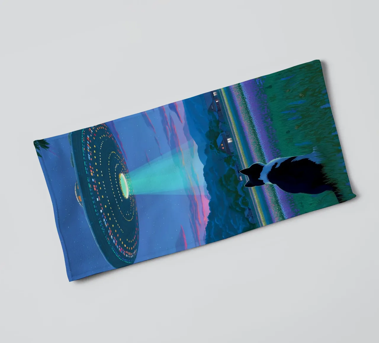 Cat vs UFO Spaceship towel by Stellar Creative
