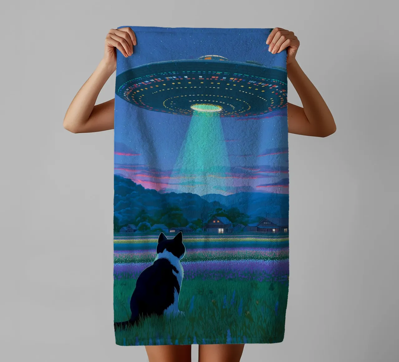 Cat vs UFO Spaceship towel by Stellar Creative