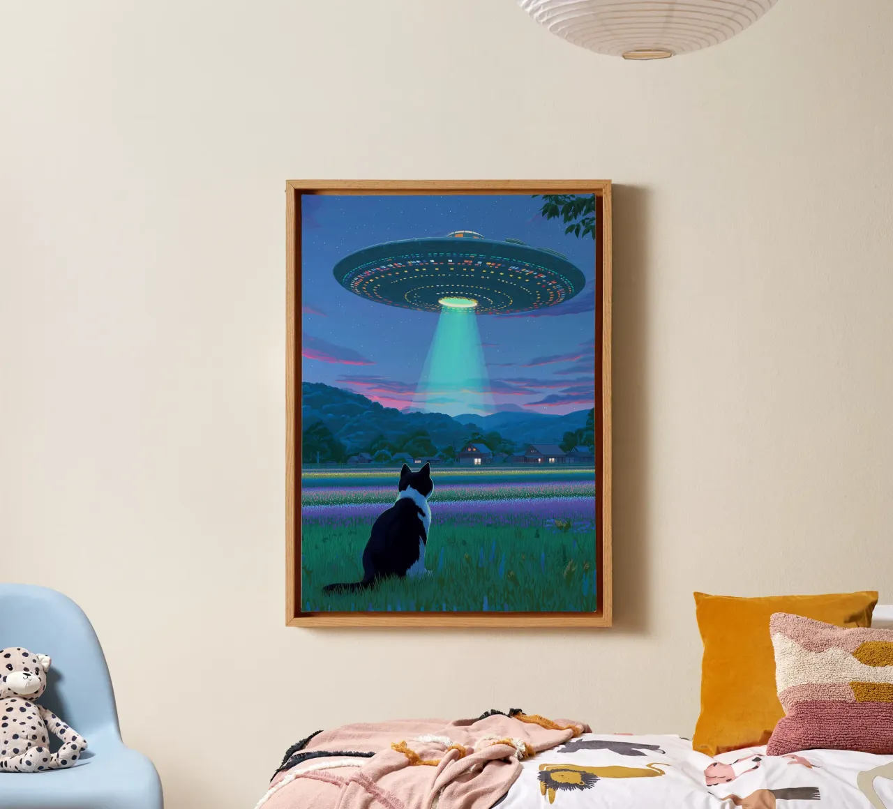 Cat vs UFO Spaceship canvas with Floater frame by Stellar Creative