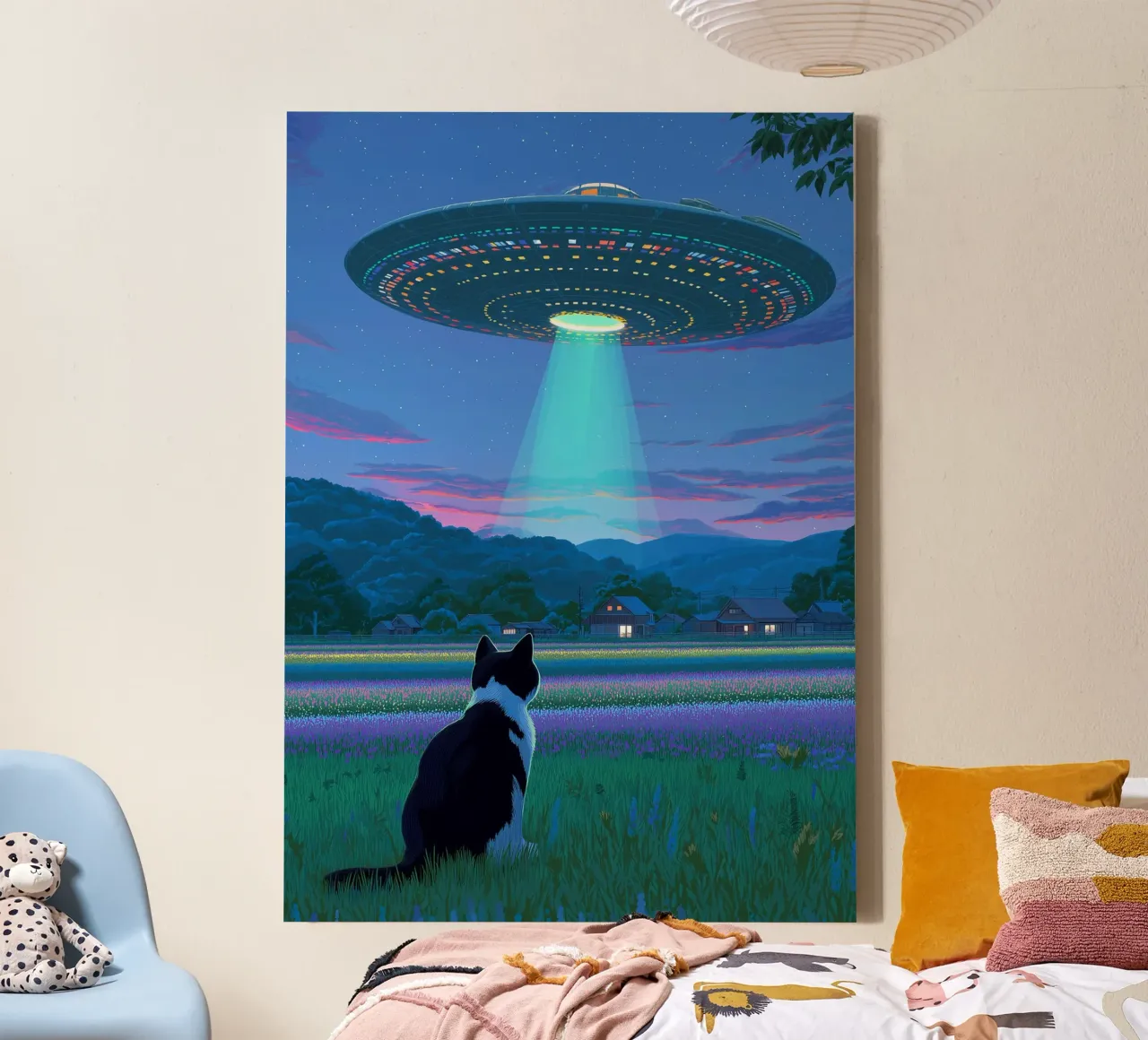 Cat vs UFO Spaceship canvas with Floater frame by Stellar Creative